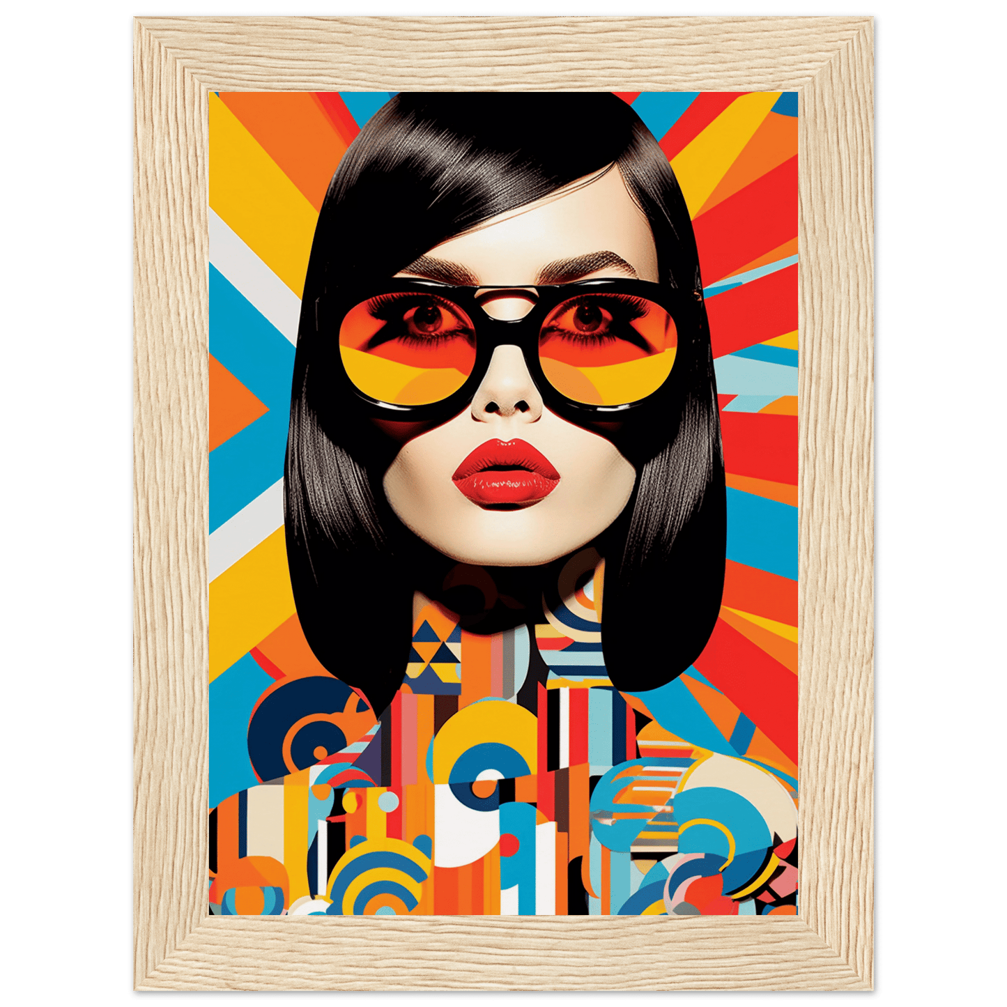 Colorful pop art-style portrait of a woman wearing oversized sunglasses and red lipstick.