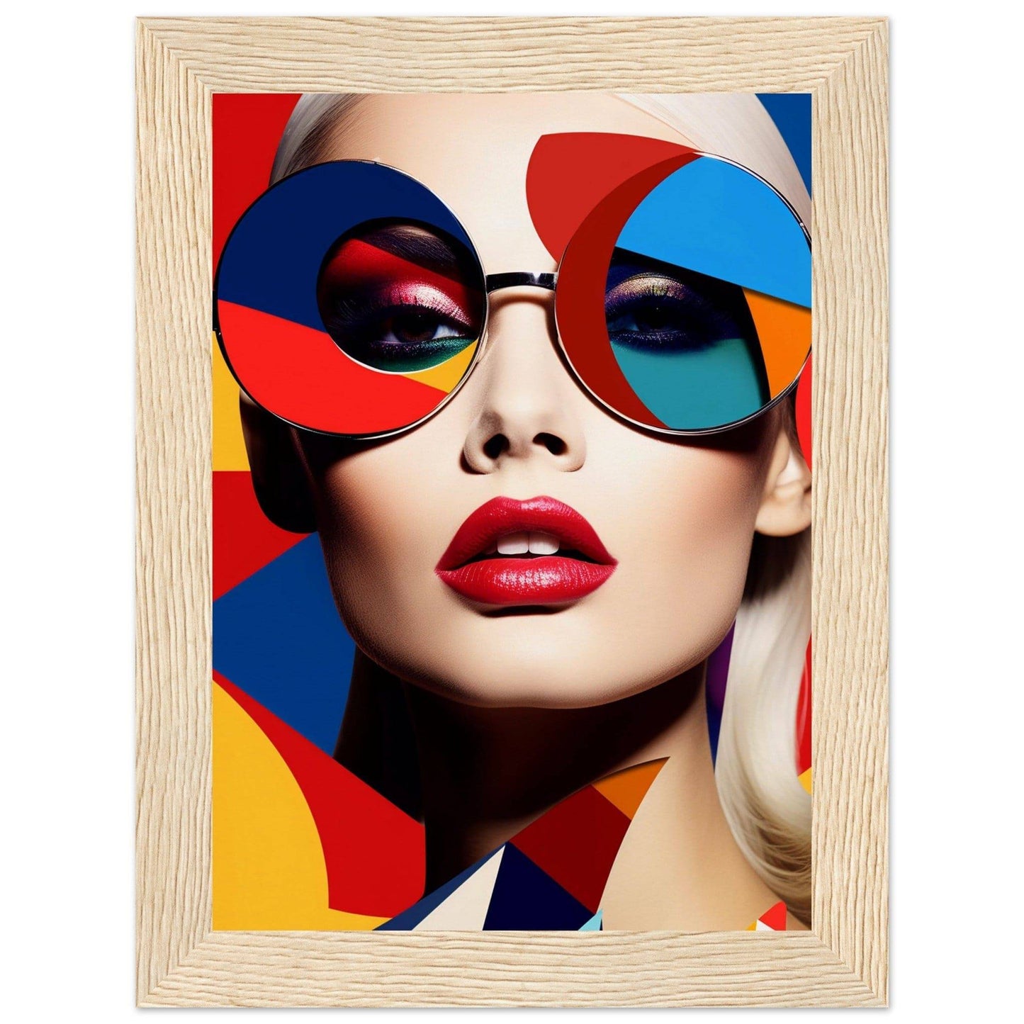 Colorful portrait featuring a person wearing vibrant geometric sunglasses and bright red lipstick.