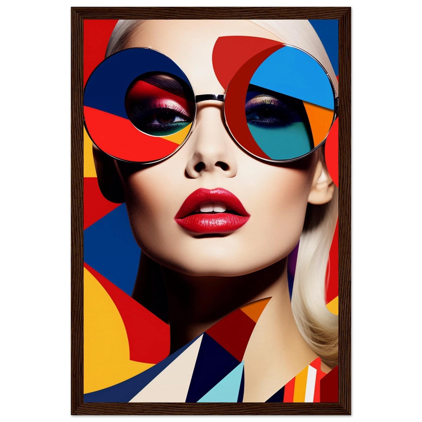 Colorful portrait featuring oversized geometric sunglasses and bright red lips.