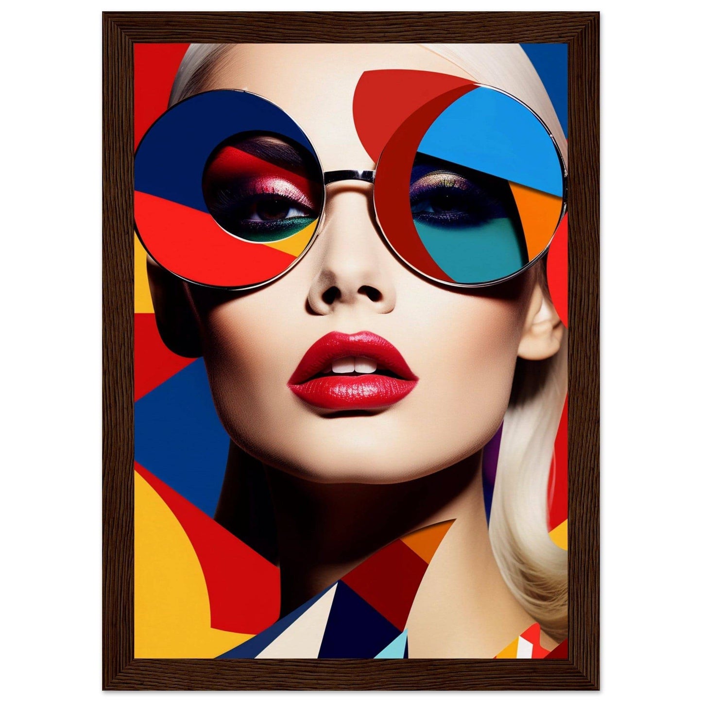 Colorful portrait of a woman wearing vibrant geometric sunglasses and bright red lipstick.
