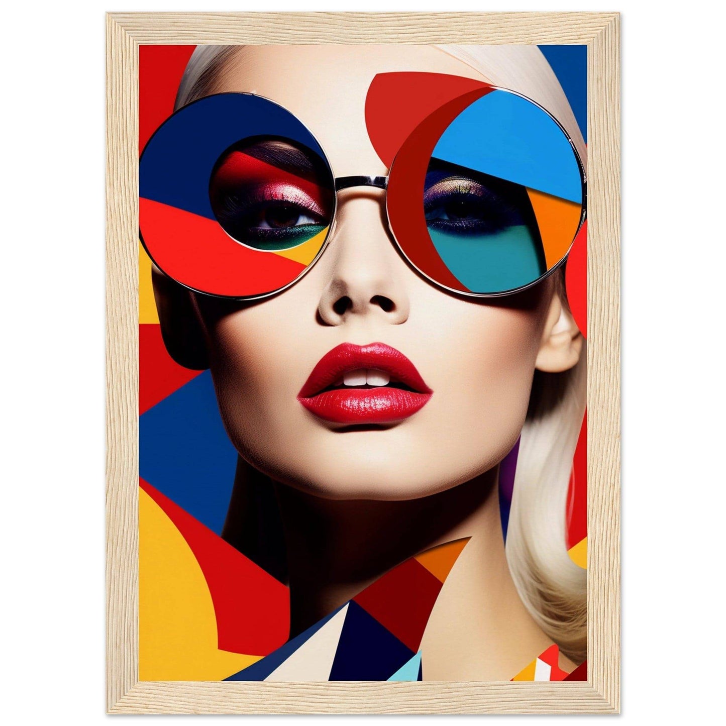 Colorful portrait of a woman wearing vibrant geometric sunglasses and bright red lipstick.