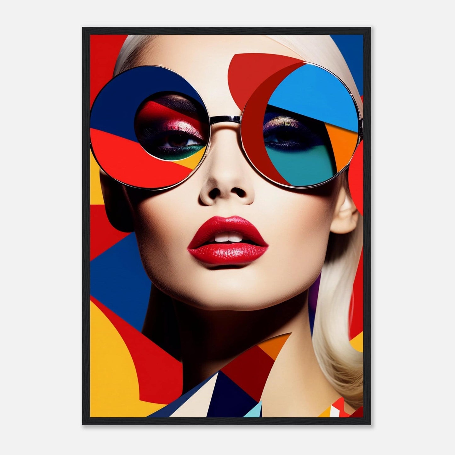 Stylized portrait of a woman wearing colorful geometric sunglasses and bright red lipstick.