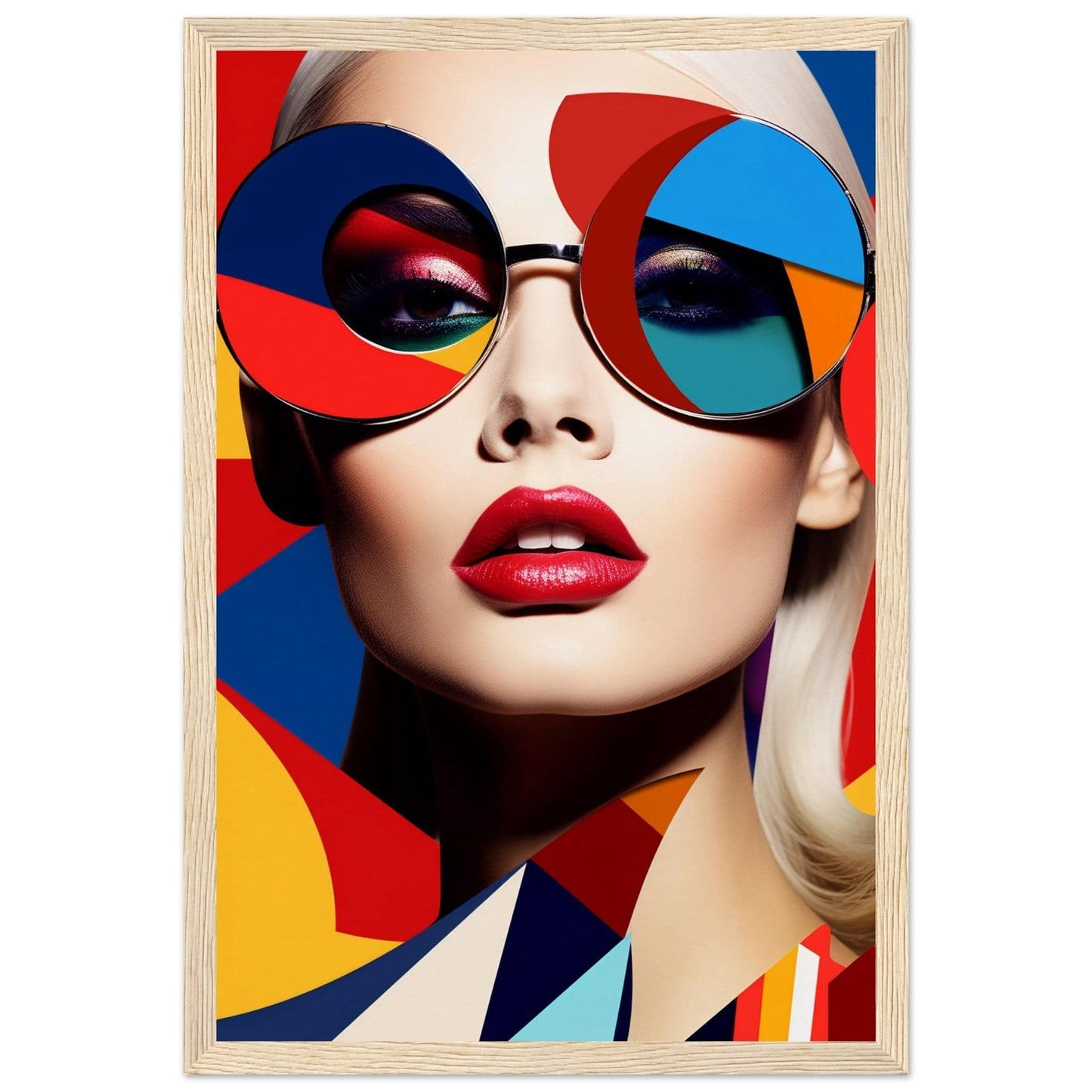 Colorful portrait featuring a person wearing vibrant geometric-patterned sunglasses and bright red lipstick.