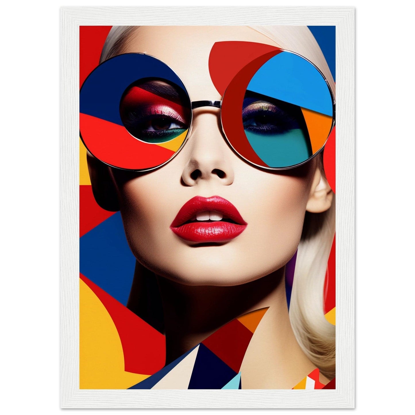 Colorful portrait featuring a person wearing vibrant, geometric sunglasses and bright red lipstick.