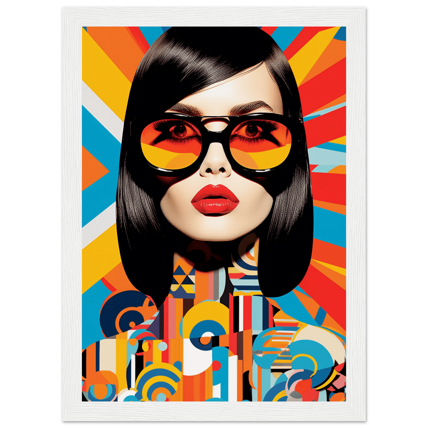 Stylized portrait of a woman with sunglasses and vibrant geometric patterns.