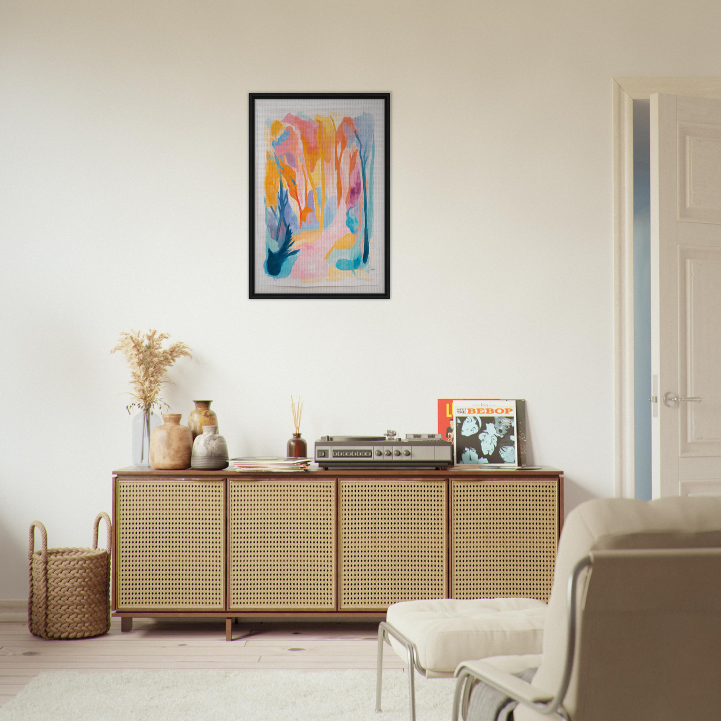 Wooden sideboard with cane-webbed doors and decorative items for Vivid Illumination Reverie