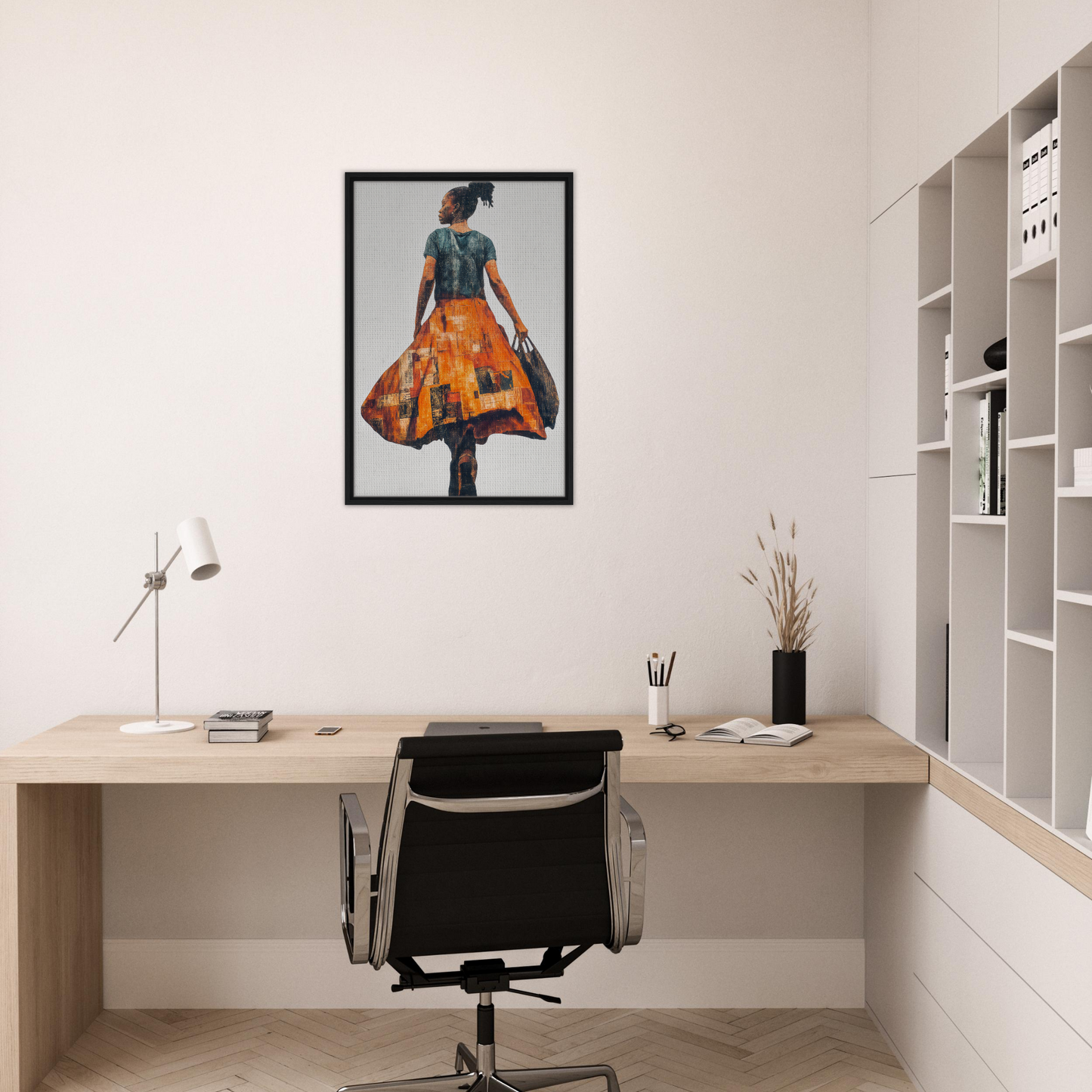 Framed canvas art of a woman in a colorful skirt for vivid patchwork journey room decor