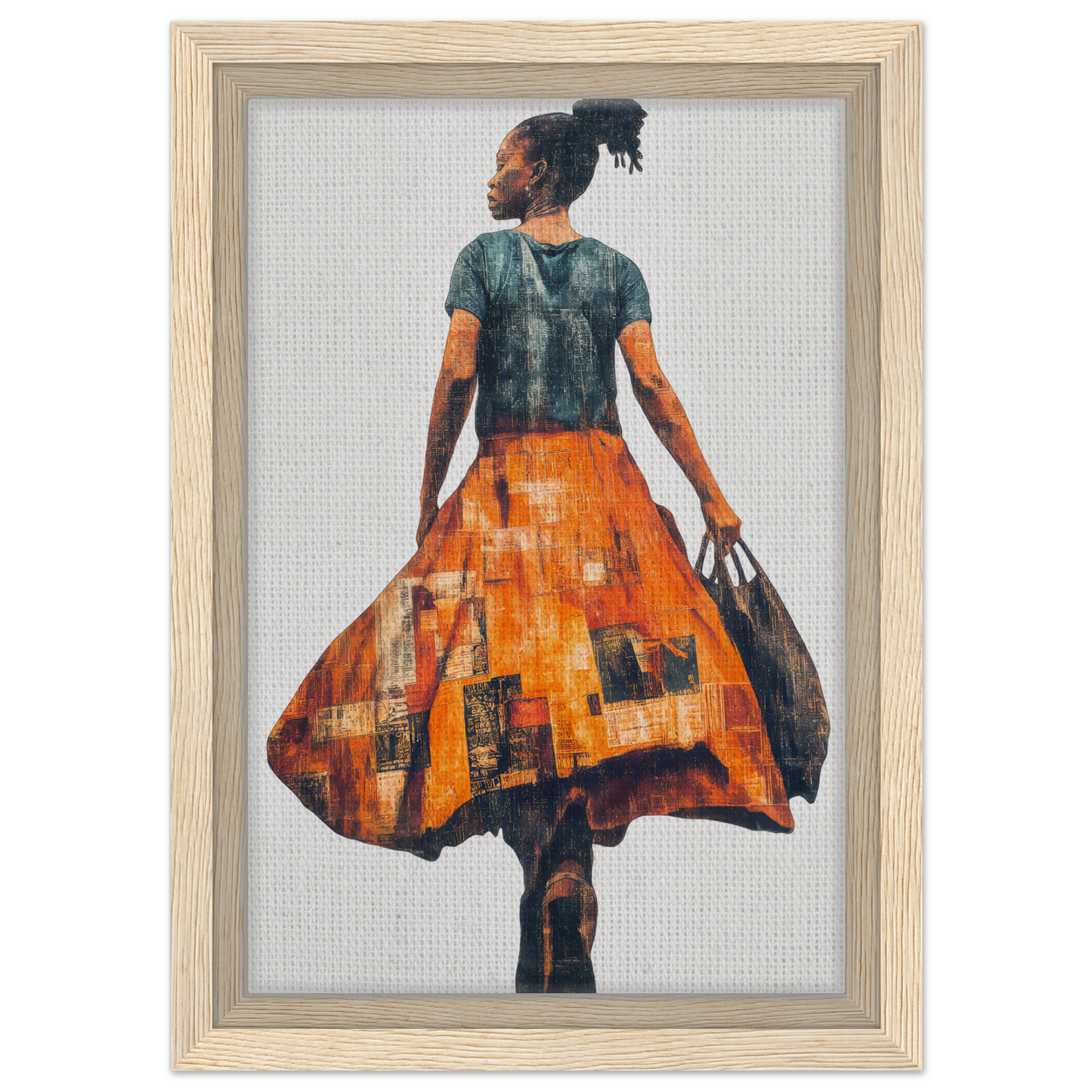 Painting of a woman in a vibrant orange skirt, featured in Vivid Patchwork Journey framed canvas art