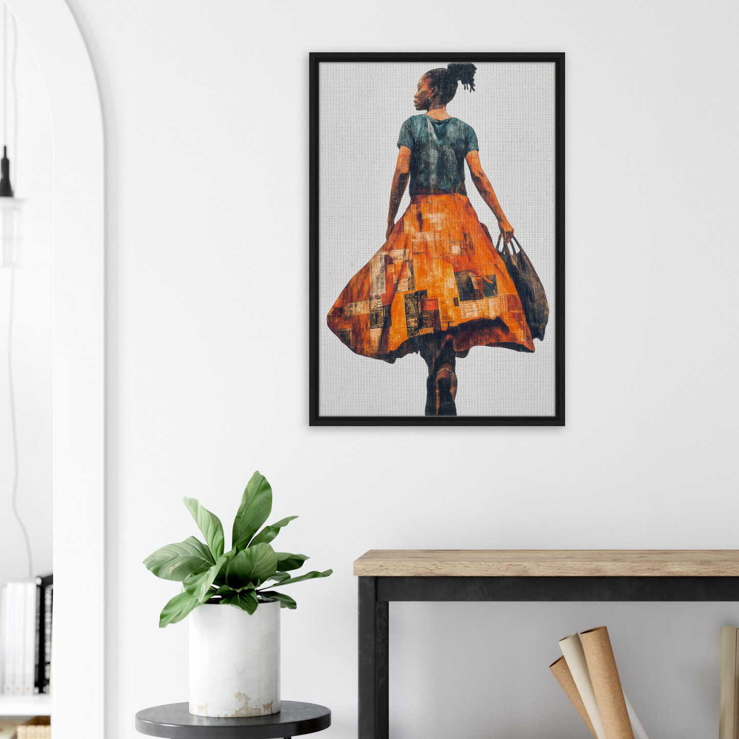 Framed canvas art of a woman in an orange skirt from behind in Vivid Patchwork Journey