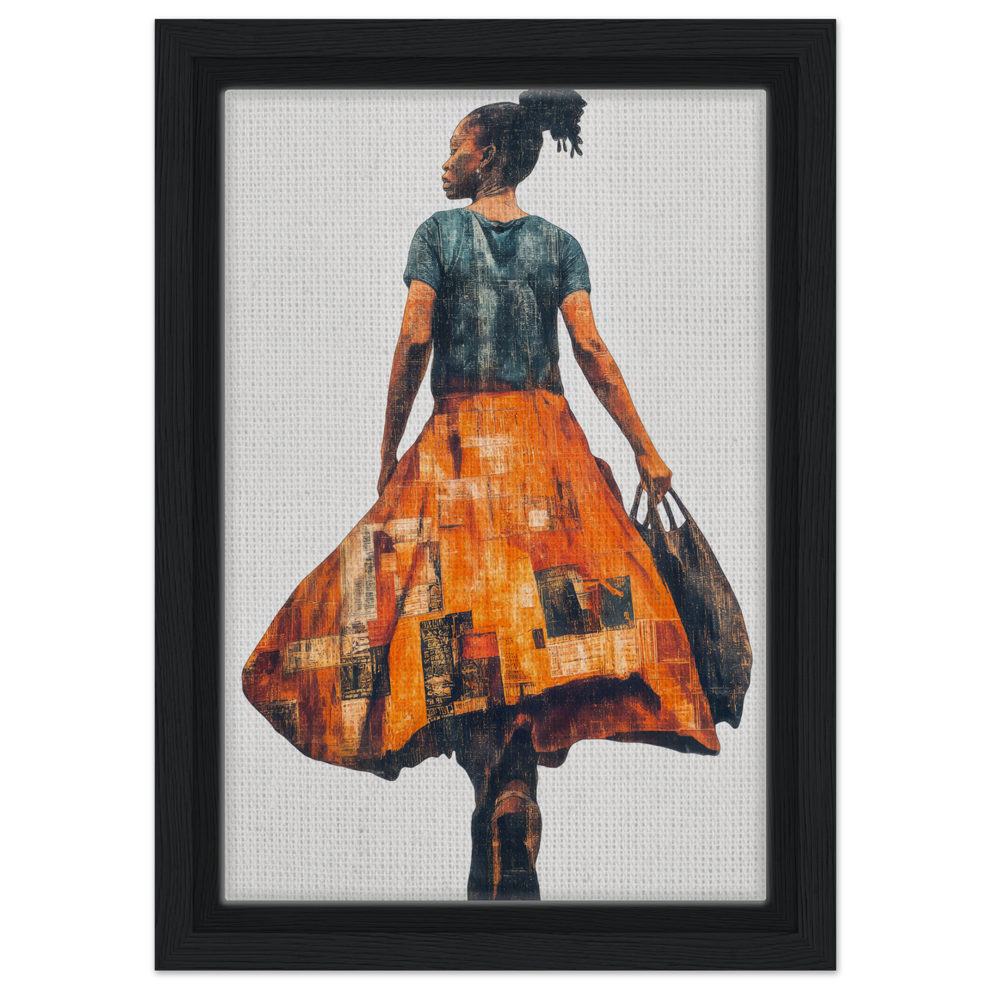 Vivid Patchwork Journey framed canvas art featuring a person in a vibrant orange skirt