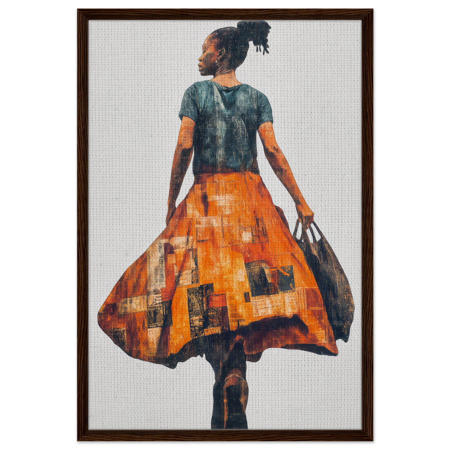 Painting of a person in an orange skirt, part of Vivid Patchwork Journey framed canvas art