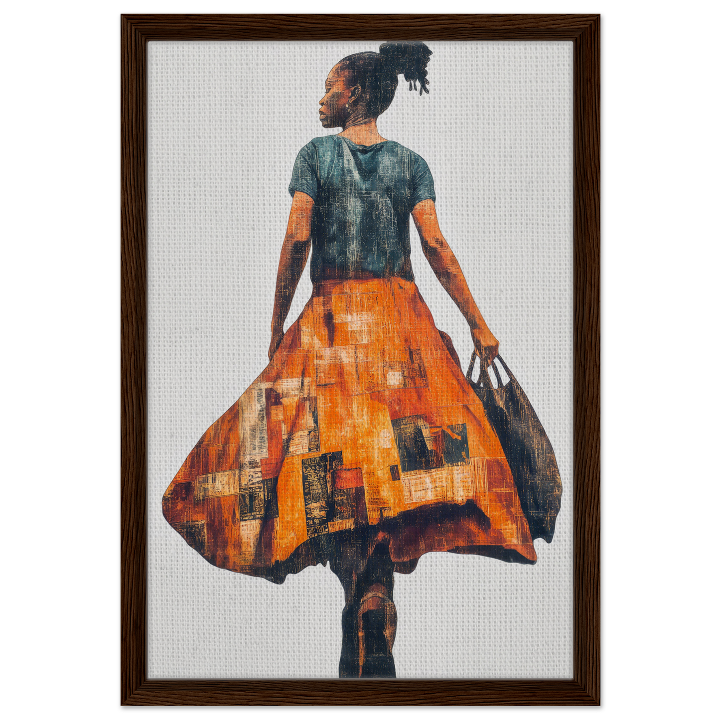 Vivid Patchwork Journey painting of a person in an orange skirt and dark green top for room decor