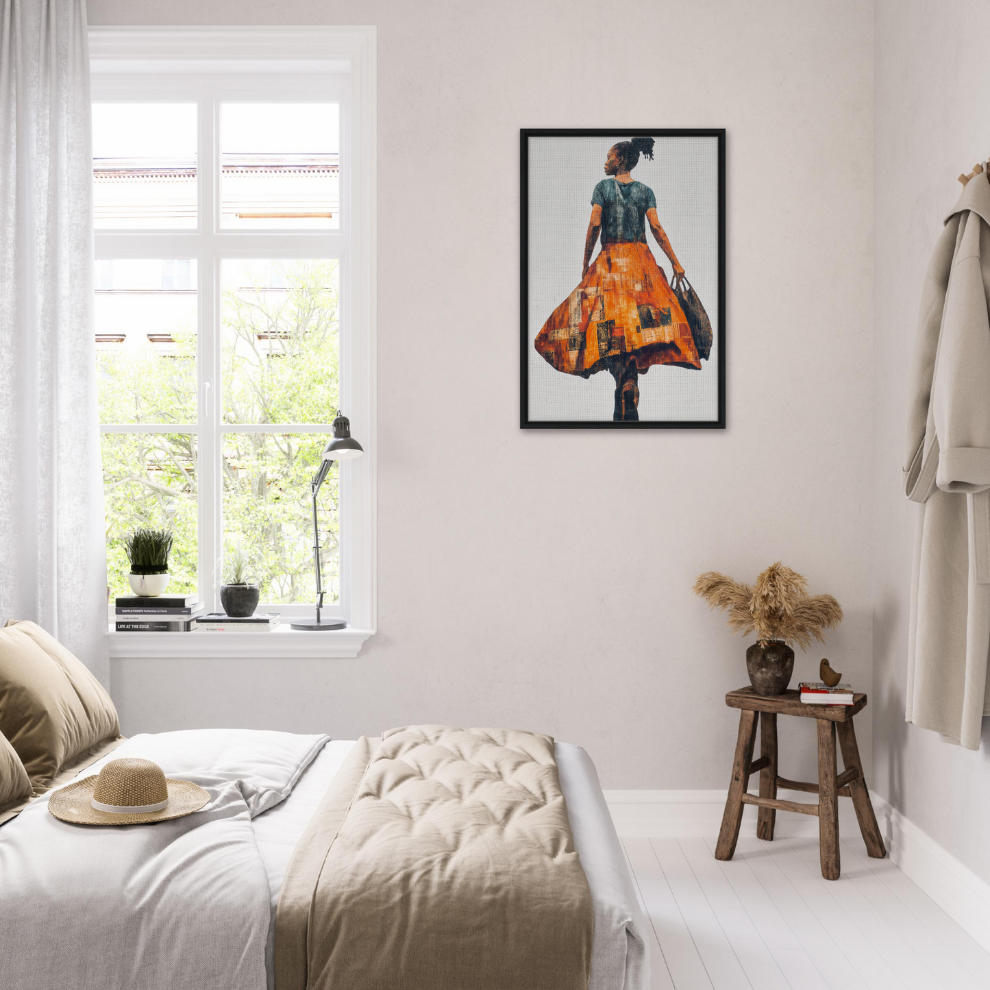 Cozy bedroom featuring white decor and a Vivid Patchwork Journey framed canvas art