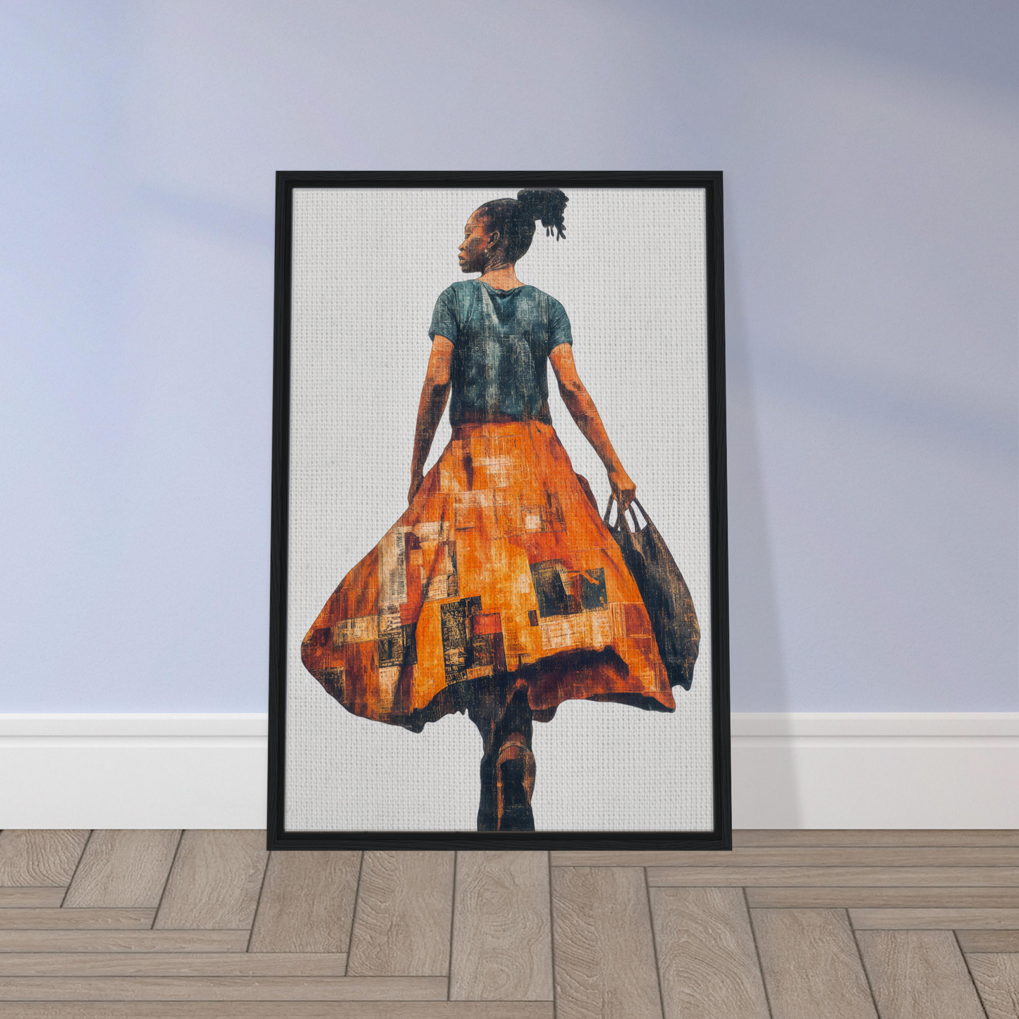 Framed canvas art of a person in a vibrant orange skirt, from Vivid Patchwork Journey