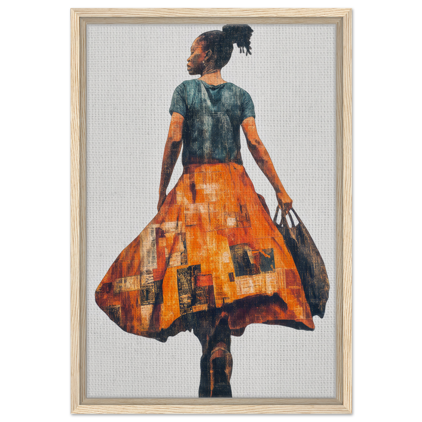 Vivid Patchwork Journey framed canvas art featuring a person in an orange cityscape skirt