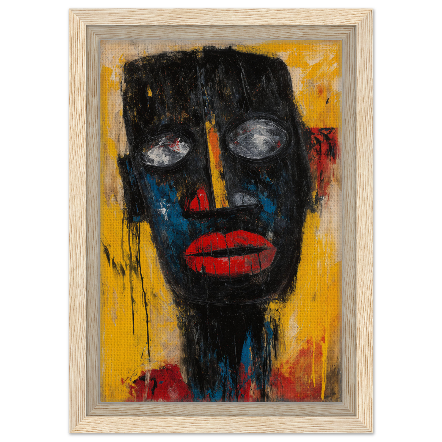 Abstract portrait painting of a stylized face in Vivid Revelations Dreaming framed canvas print