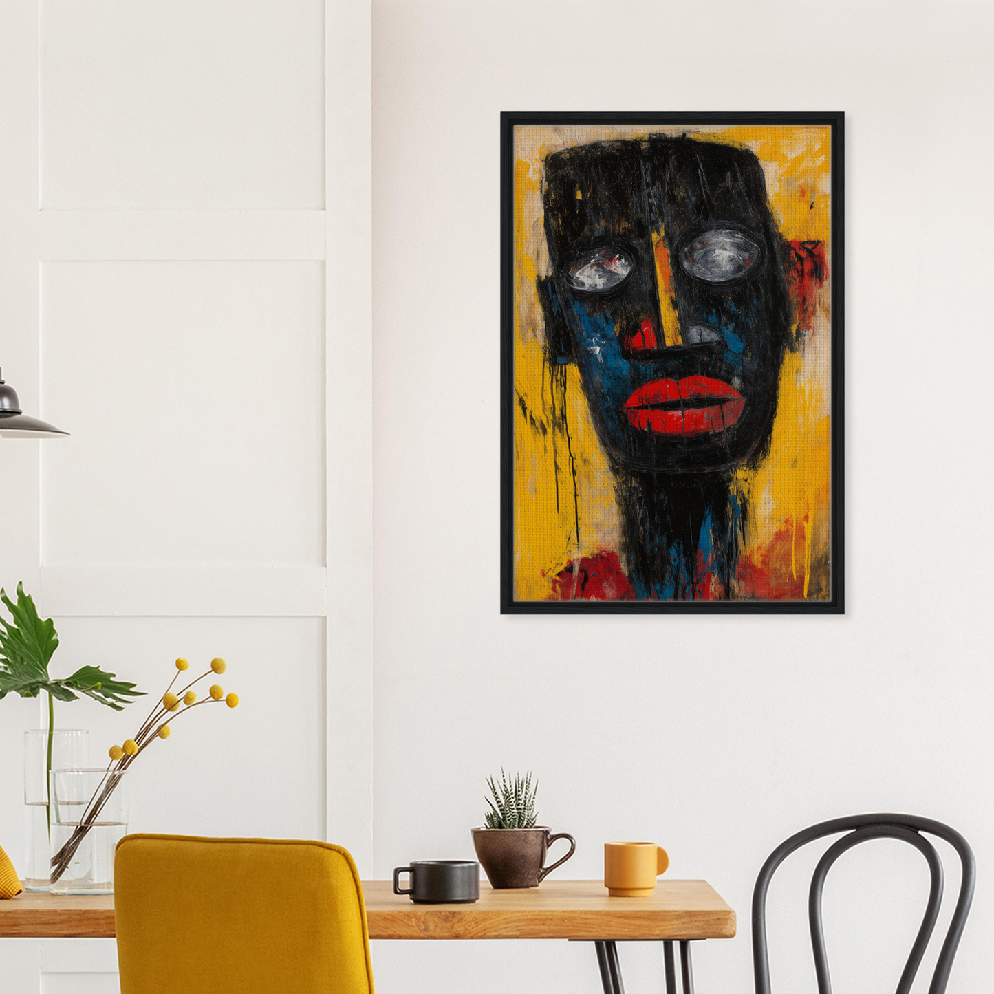 Abstract portrait with dark face on vibrant yellow, part of Vivid Revelations Dreaming collection