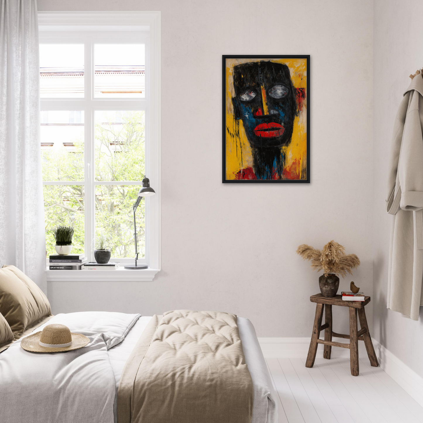 Colorful abstract portrait painting with dark face and yellow background for Vivid Revelations Dreaming room decor