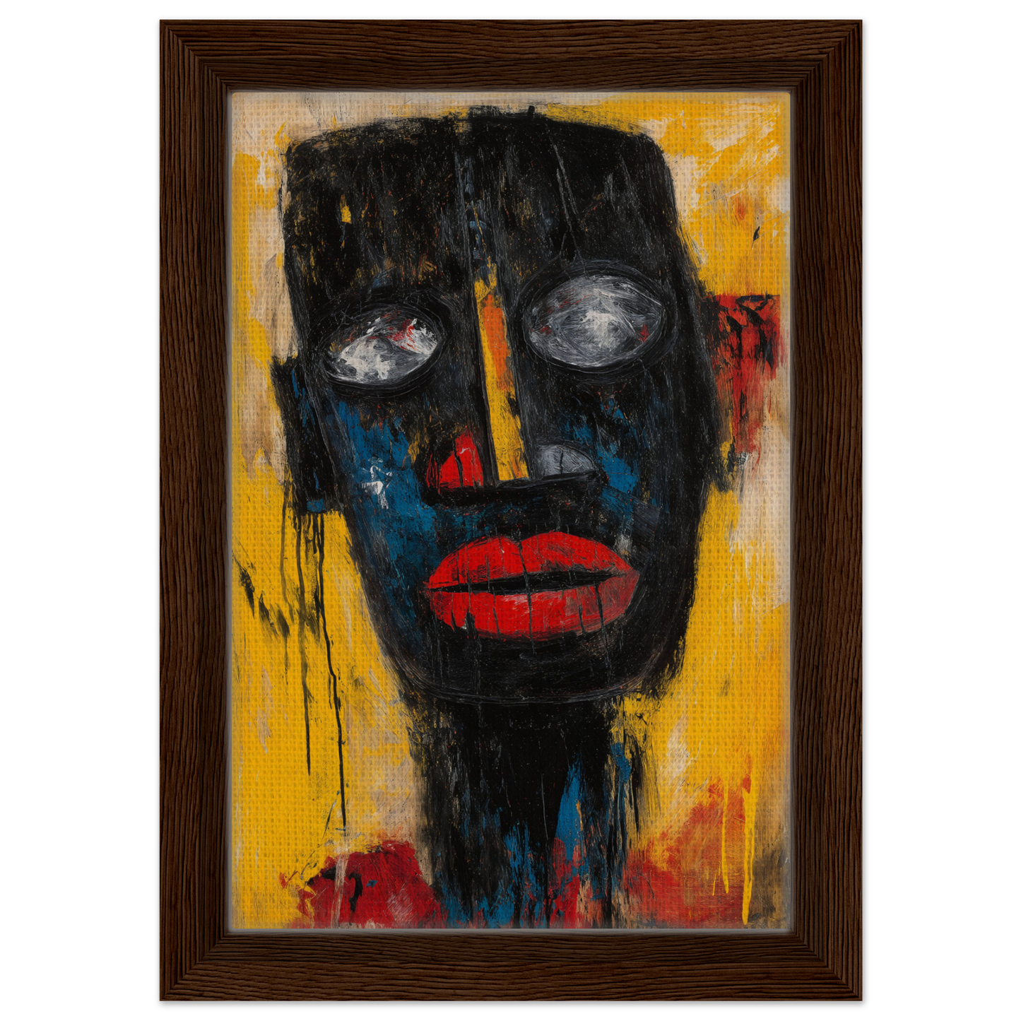 Abstract portrait of a stylized black face with bold red lips in Vivid Revelations Dreaming
