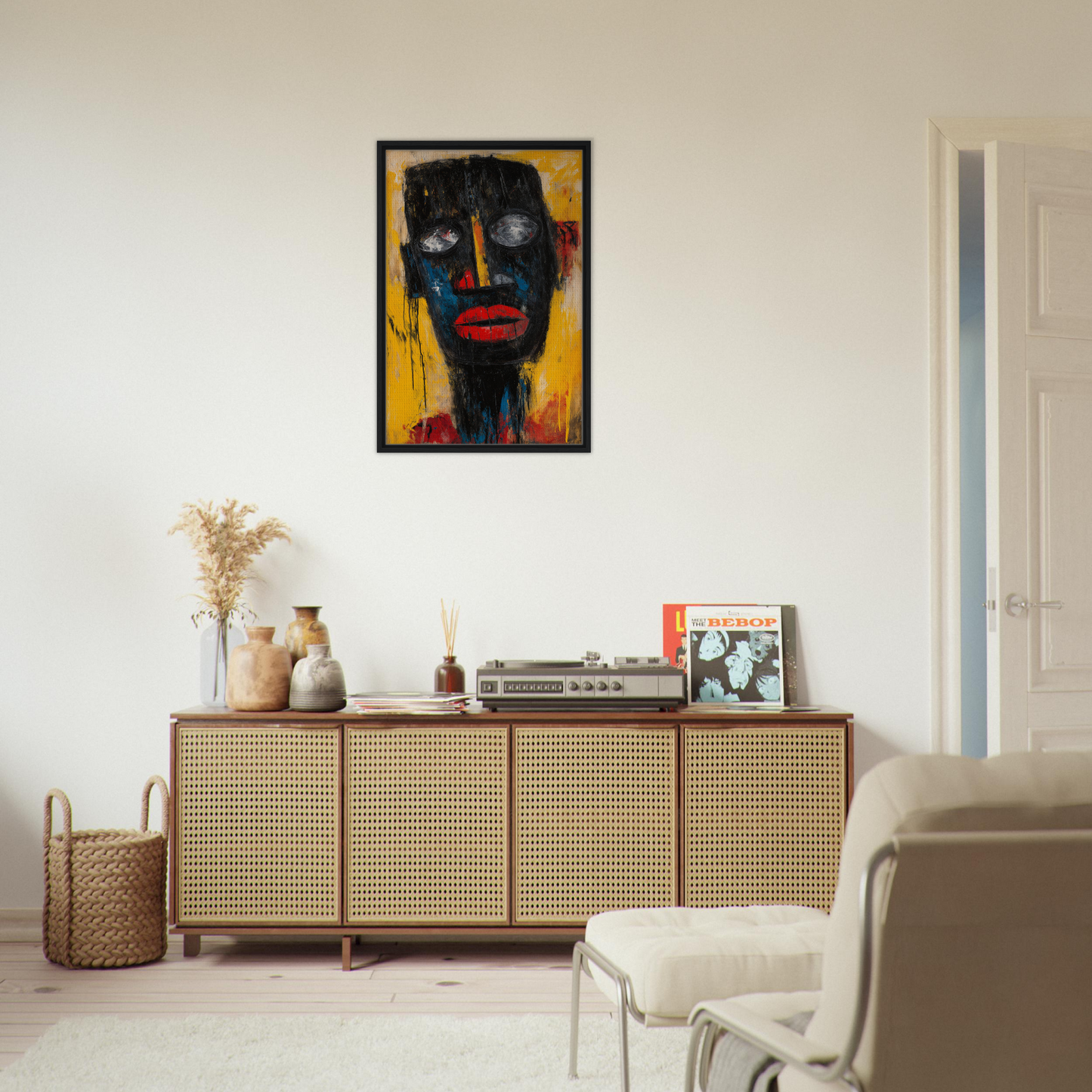 Wooden sideboard with cane-webbed doors and decorative items, featuring Vivid Revelations Dreaming