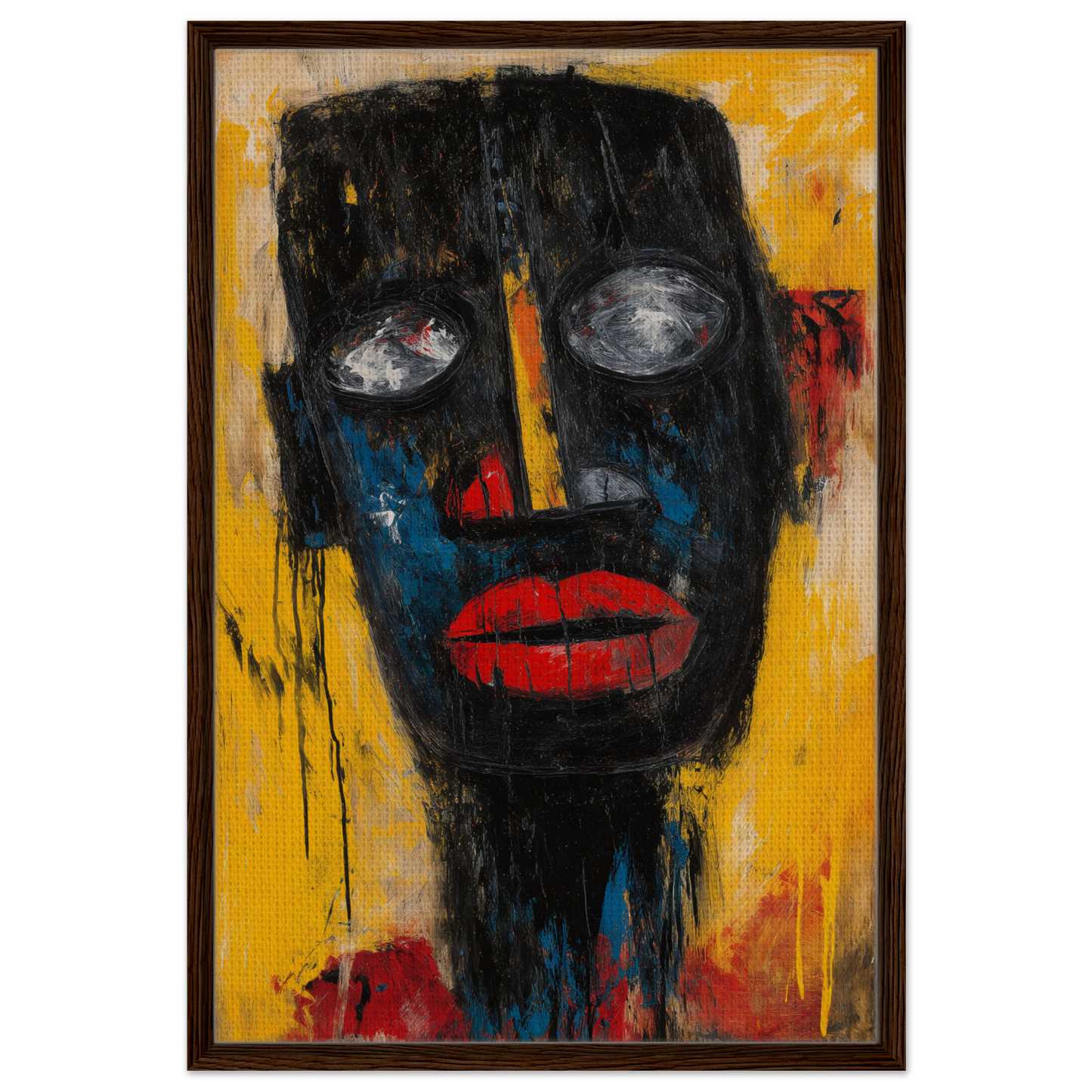 Abstract portrait painting with dark face and red lips in Vivid Revelations Dreaming style