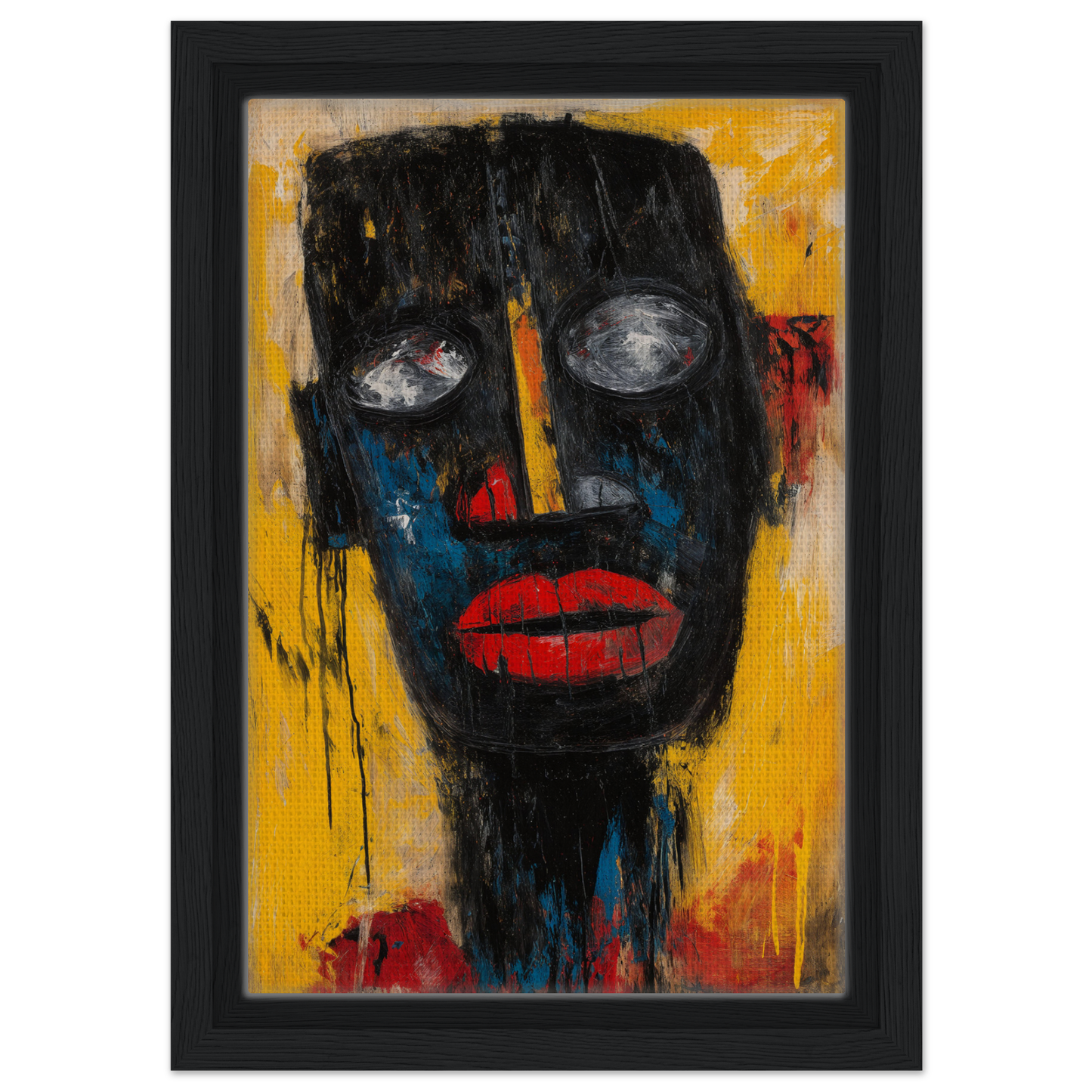Abstract portrait of a black face with red lips in Vivid Revelations Dreaming framed canvas print
