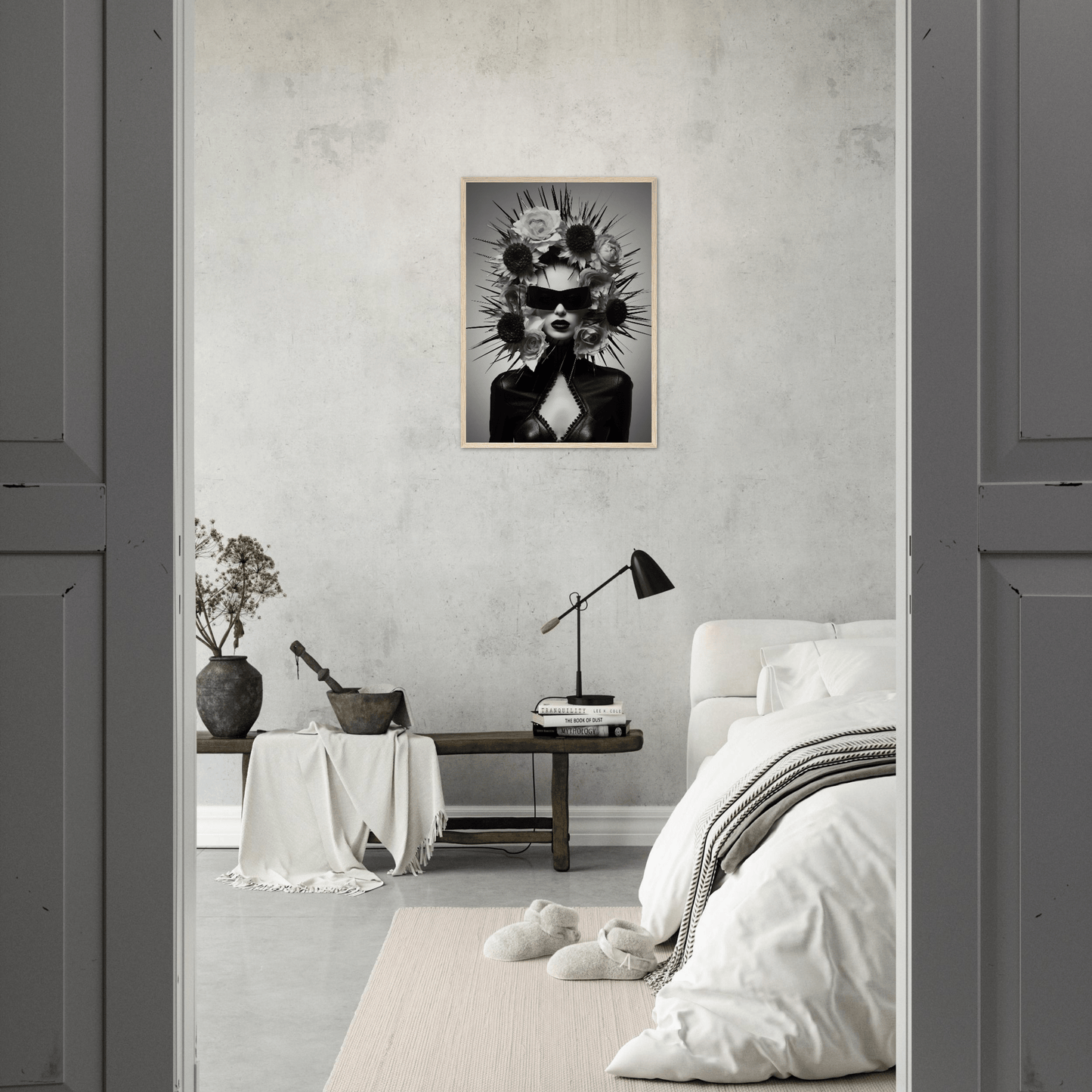 Monochrome surrealist portrait featuring a figure with an explosive, spiky head composition.