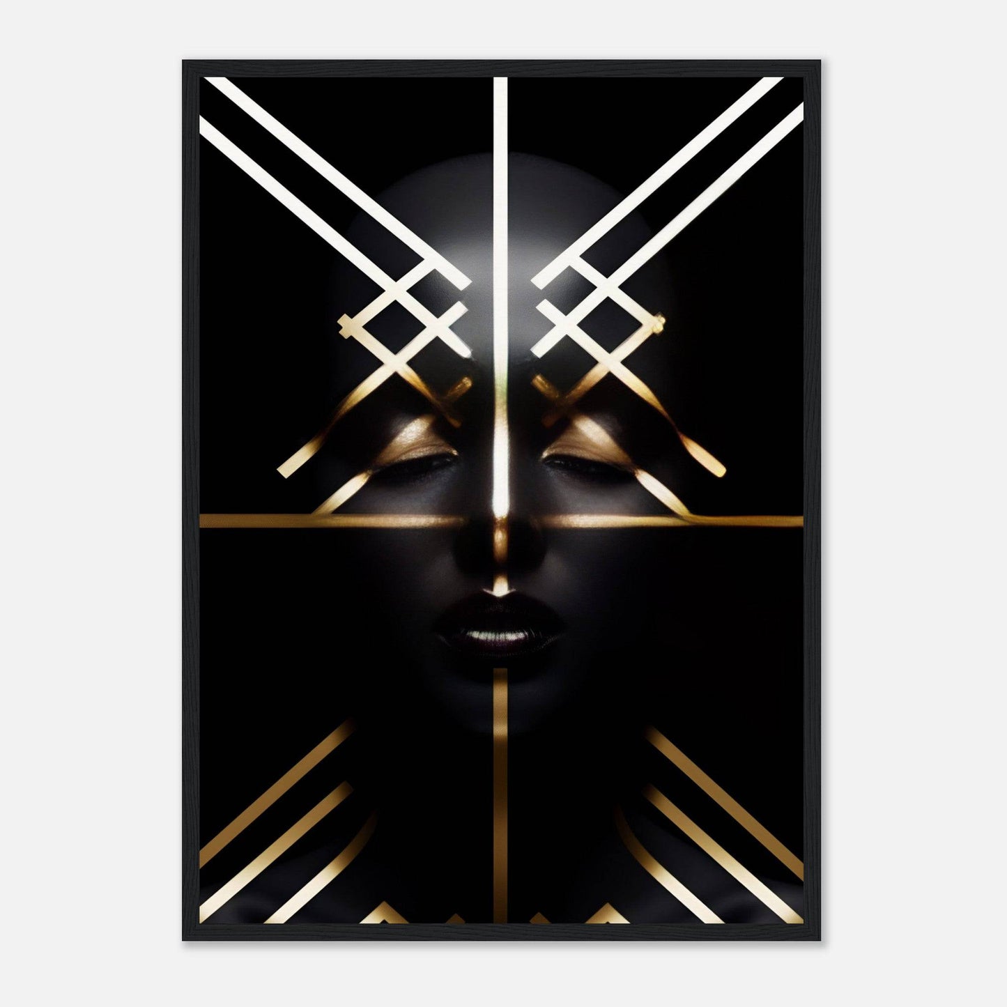 Abstract geometric face composed of intersecting white and gold lines on a black background.