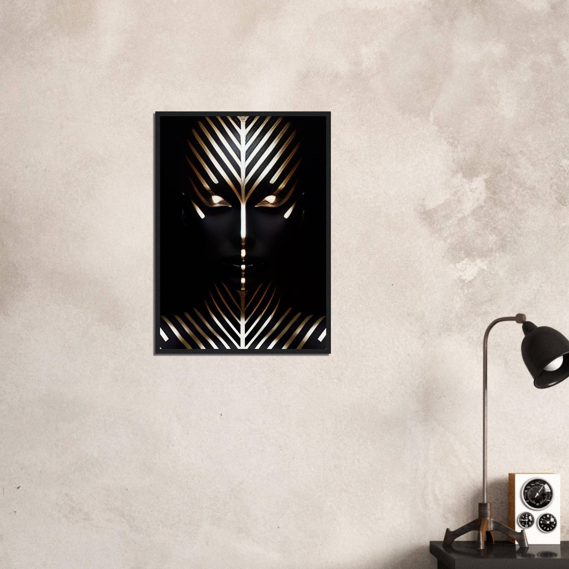 Abstract geometric wall art featuring symmetrical lines and shapes in black and white.