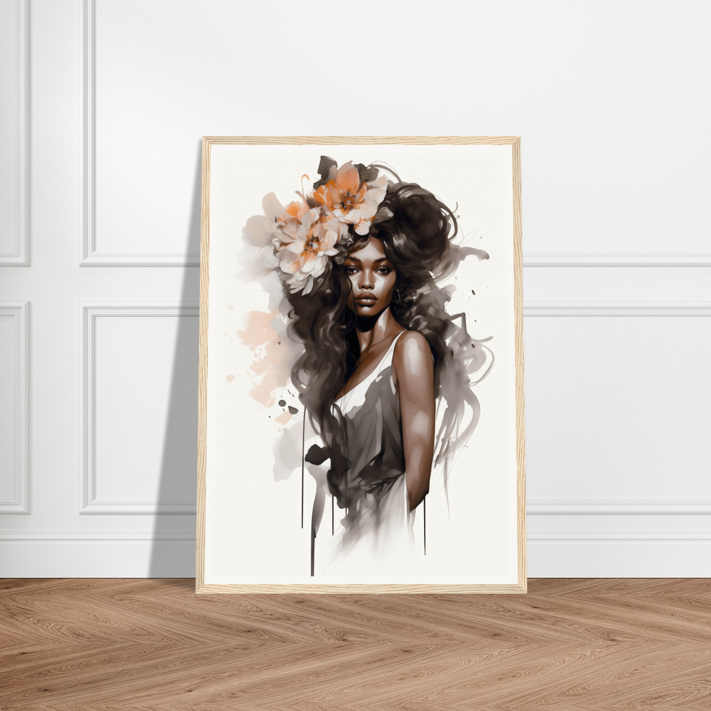 Framed watercolor-style portrait of a woman with flowers in her hair.