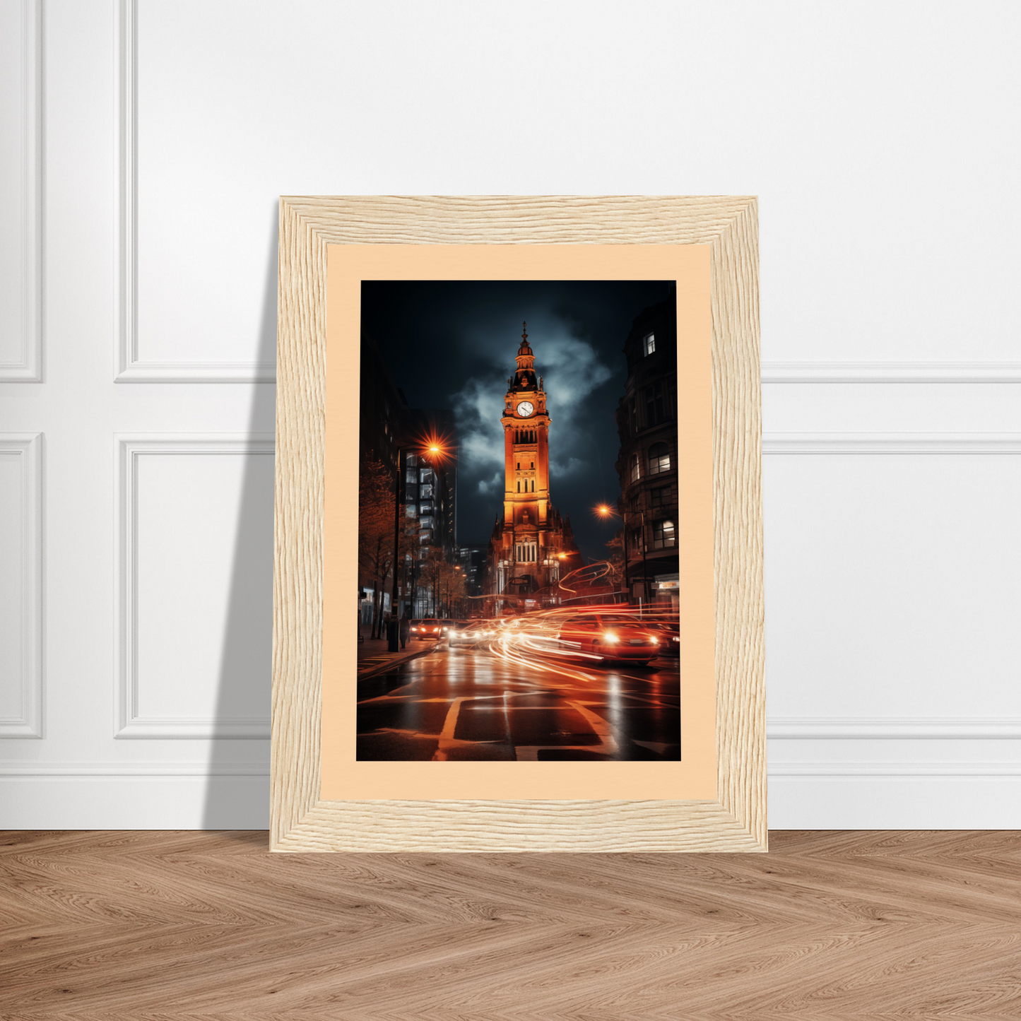 Framed photograph of Big Ben illuminated at night with light trails from traffic.