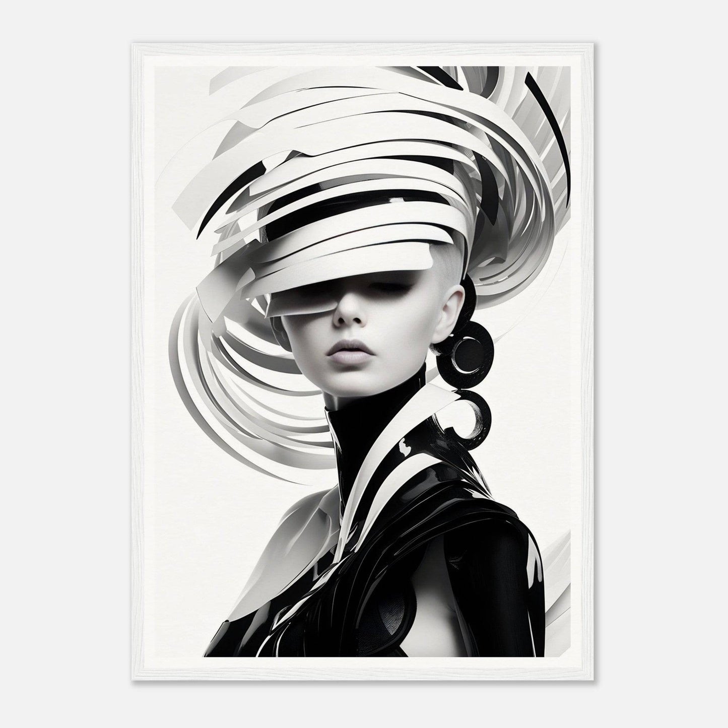 Striking black and white portrait of a woman wearing an elaborate swirling hat.