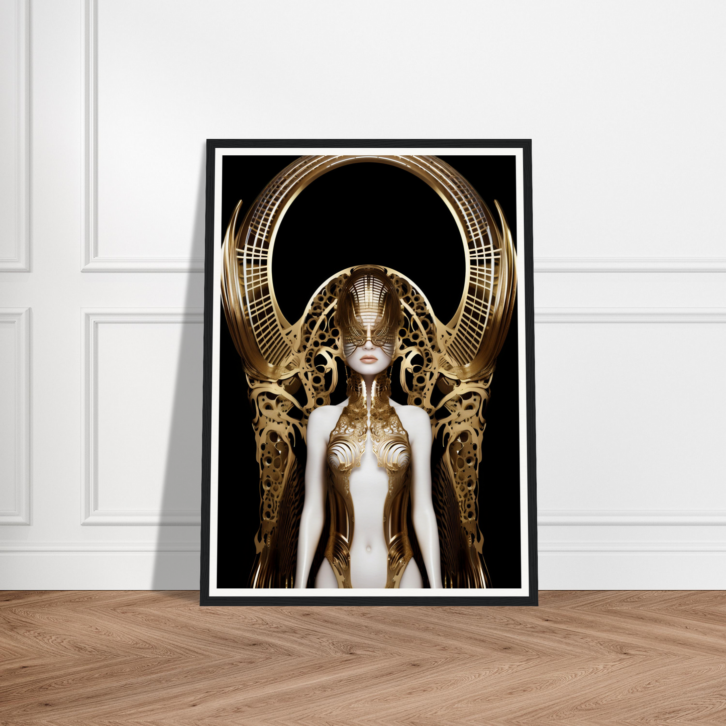 Futuristic golden-adorned feminine figure with an elaborate headdress and metallic body.