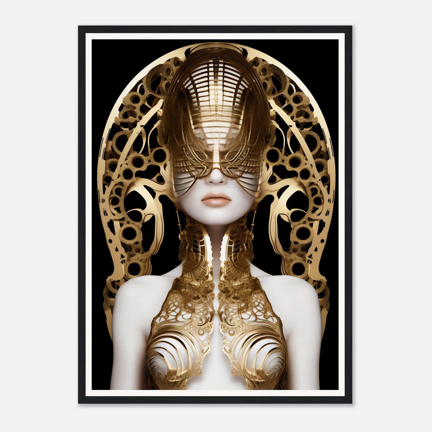 Surreal golden cyborg figure with an ornate headdress and intricate metallic body adornments.