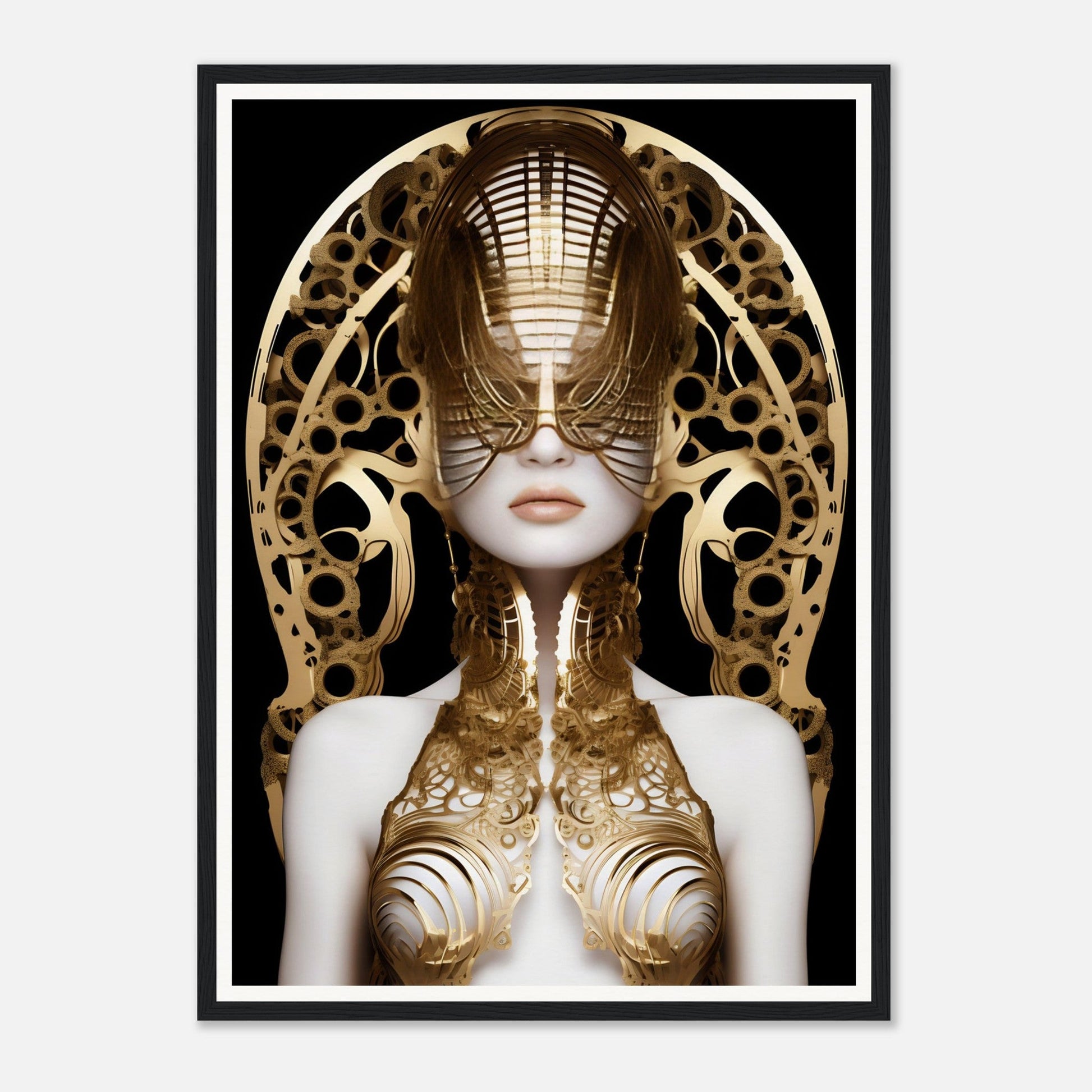 Surreal golden cyborg figure with an ornate headdress and intricate metallic body adornments.