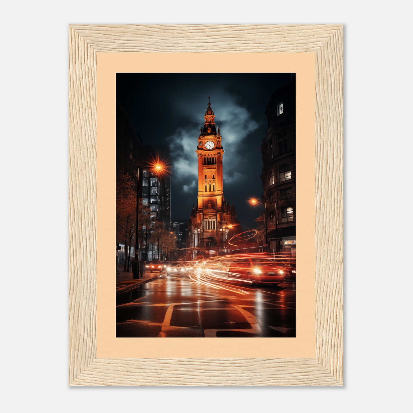 Illuminated Big Ben clock tower at night with light trails from passing vehicles in the foreground.