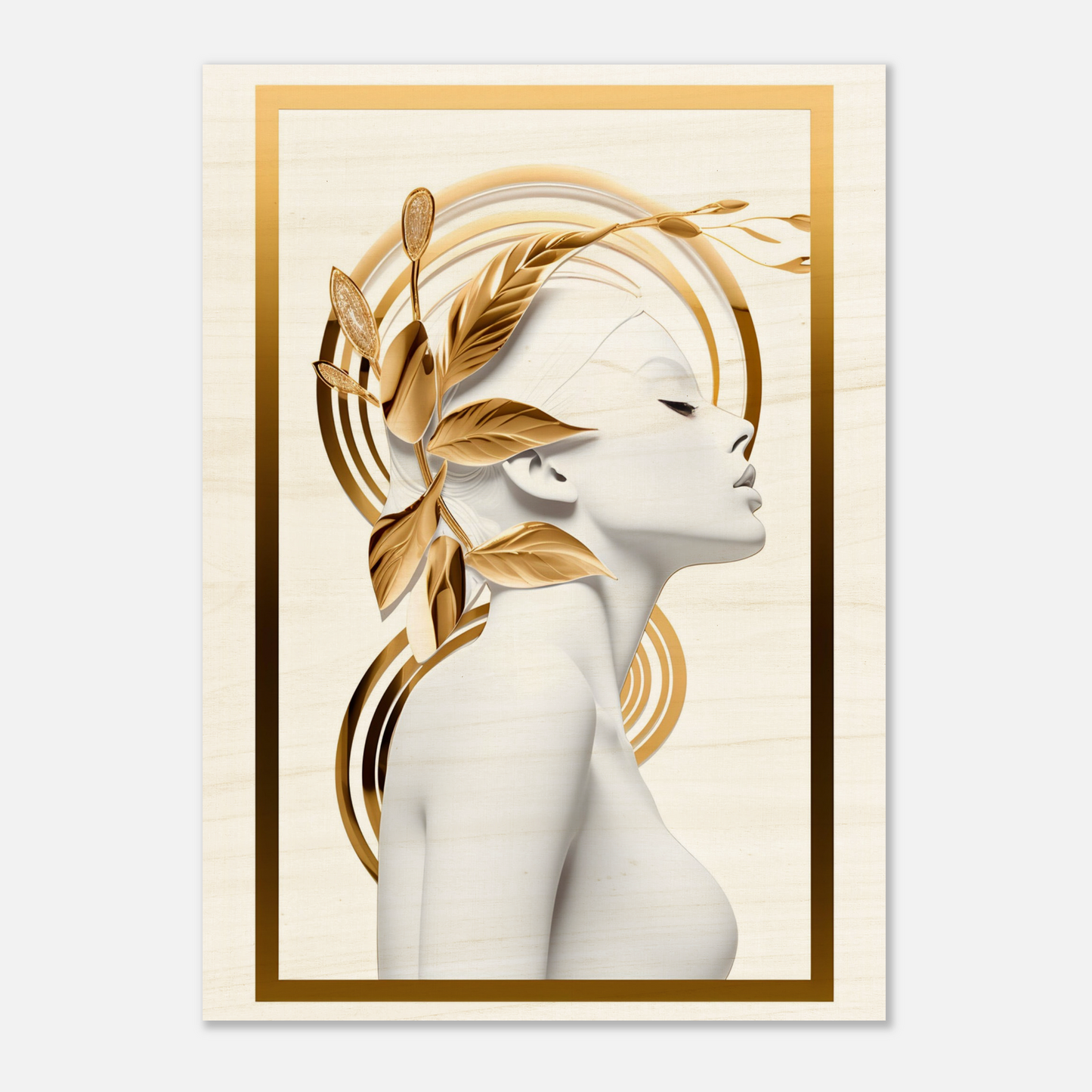 Elegant profile portrait of a woman with golden leaves adorning her hair.