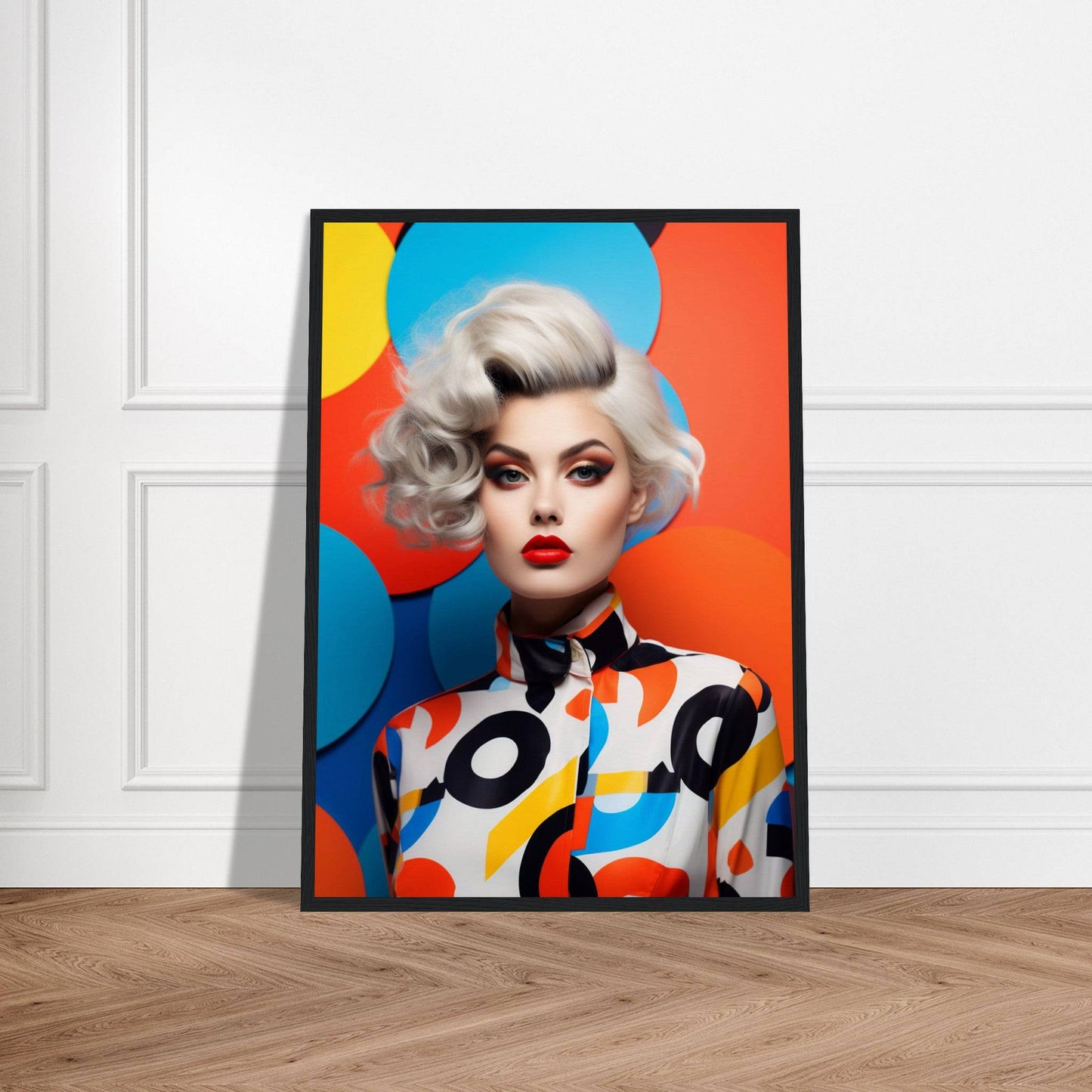Vibrant pop art-style portrait of a woman with platinum blonde hair and bold makeup in a colorful geometric-patterned outfit.