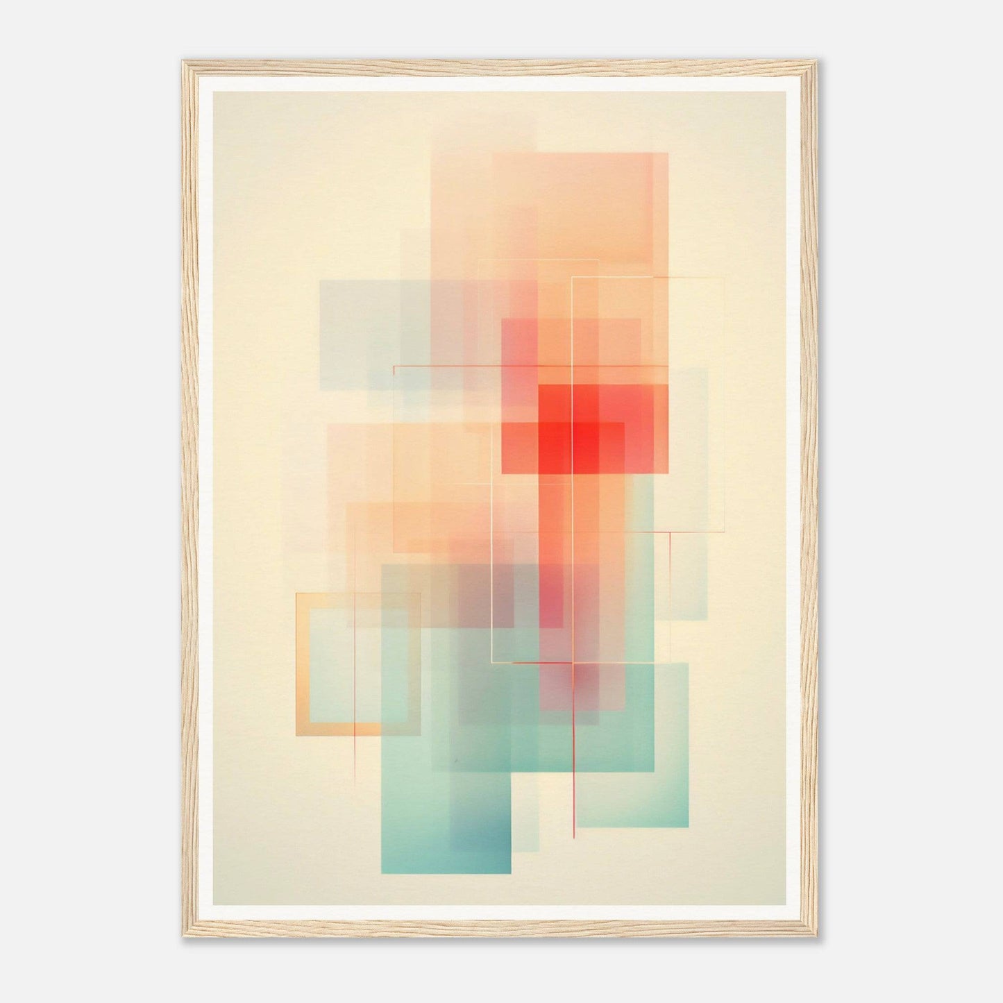 Abstract geometric artwork featuring overlapping translucent rectangles in soft pastel colors.