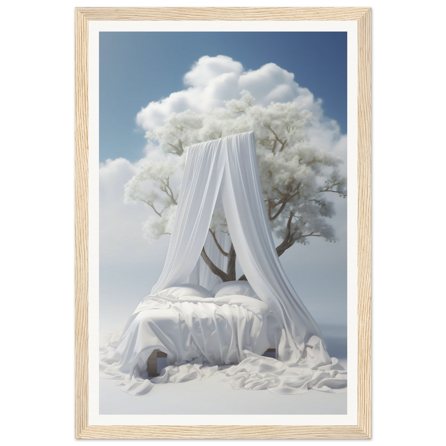 Canopy bed with white drapes and bedding set against a cloudy sky backdrop.