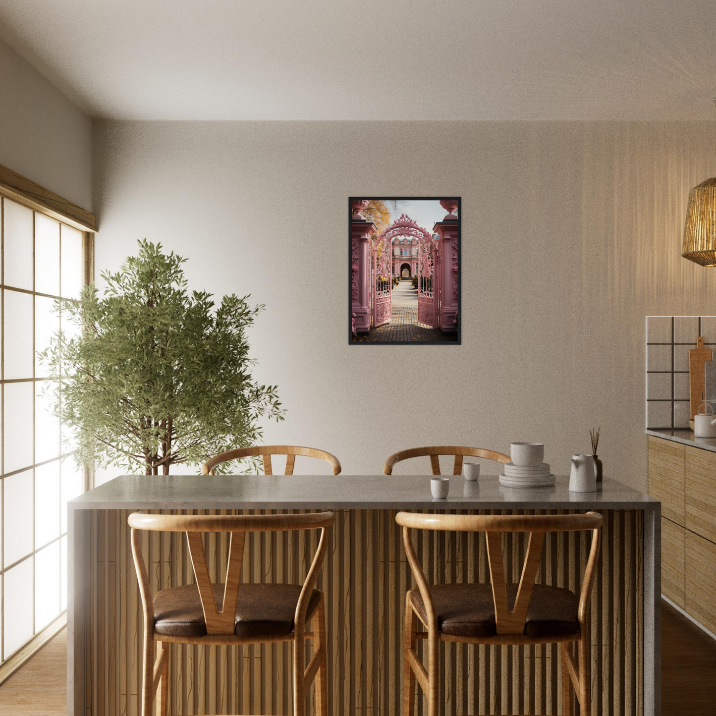 Dining area with a table, chairs, and a potted tree.