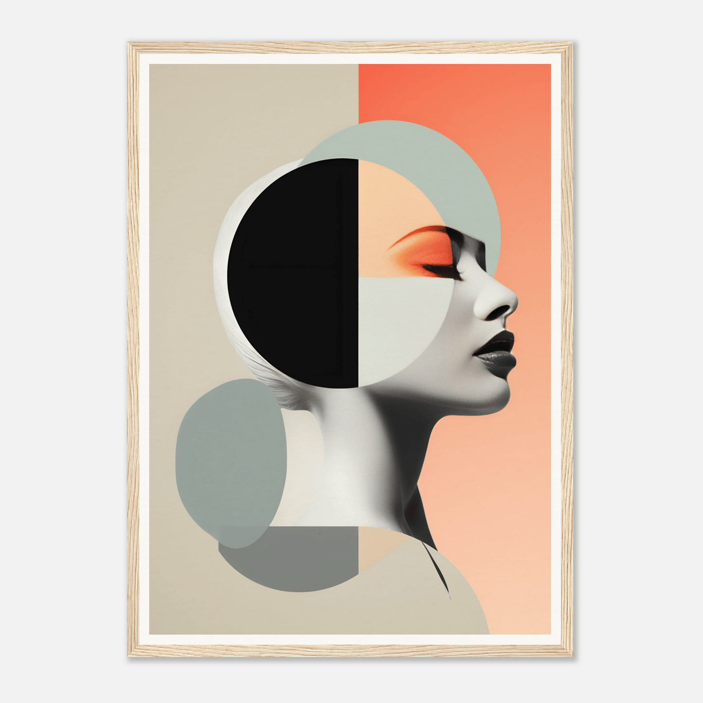 Abstract portrait of a woman’s profile composed of geometric shapes and contrasting colors.