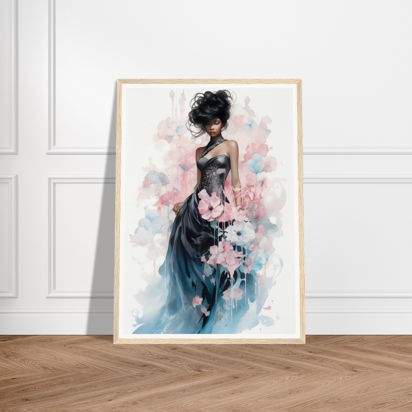 Watercolor painting of an elegant woman in a flowing blue gown holding pink flowers.
