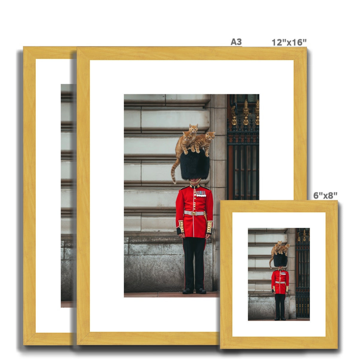 Framed photographs of a British royal guard in traditional red uniform and bearskin hat.