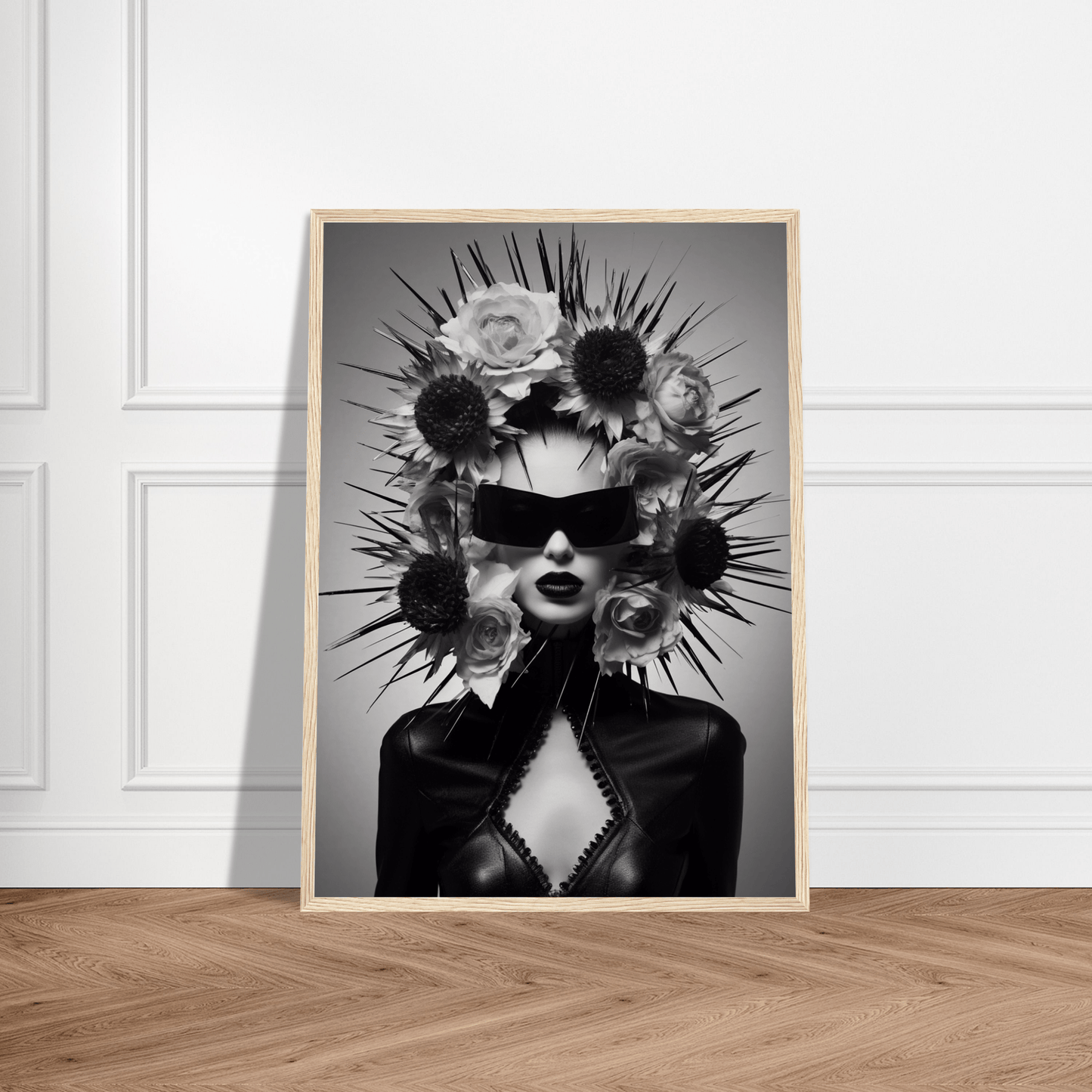 Striking black and white portrait of a figure wearing sunglasses and an elaborate floral headdress with spiky elements.
