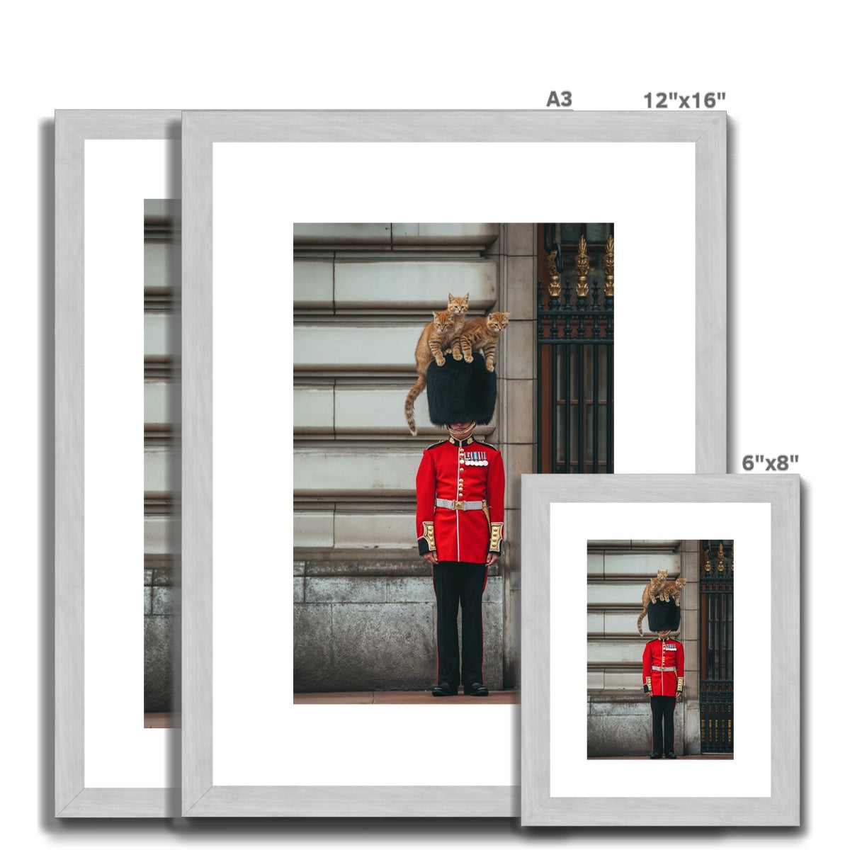 Royal Guard in traditional red uniform and bearskin hat standing at attention.