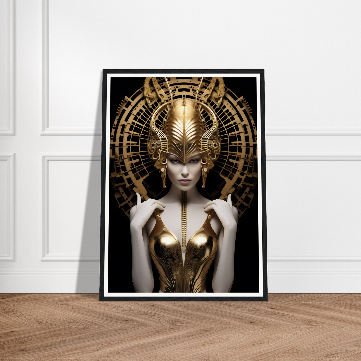 Framed artwork depicting a figure in an ornate golden headdress and metallic bodice against a dark background.