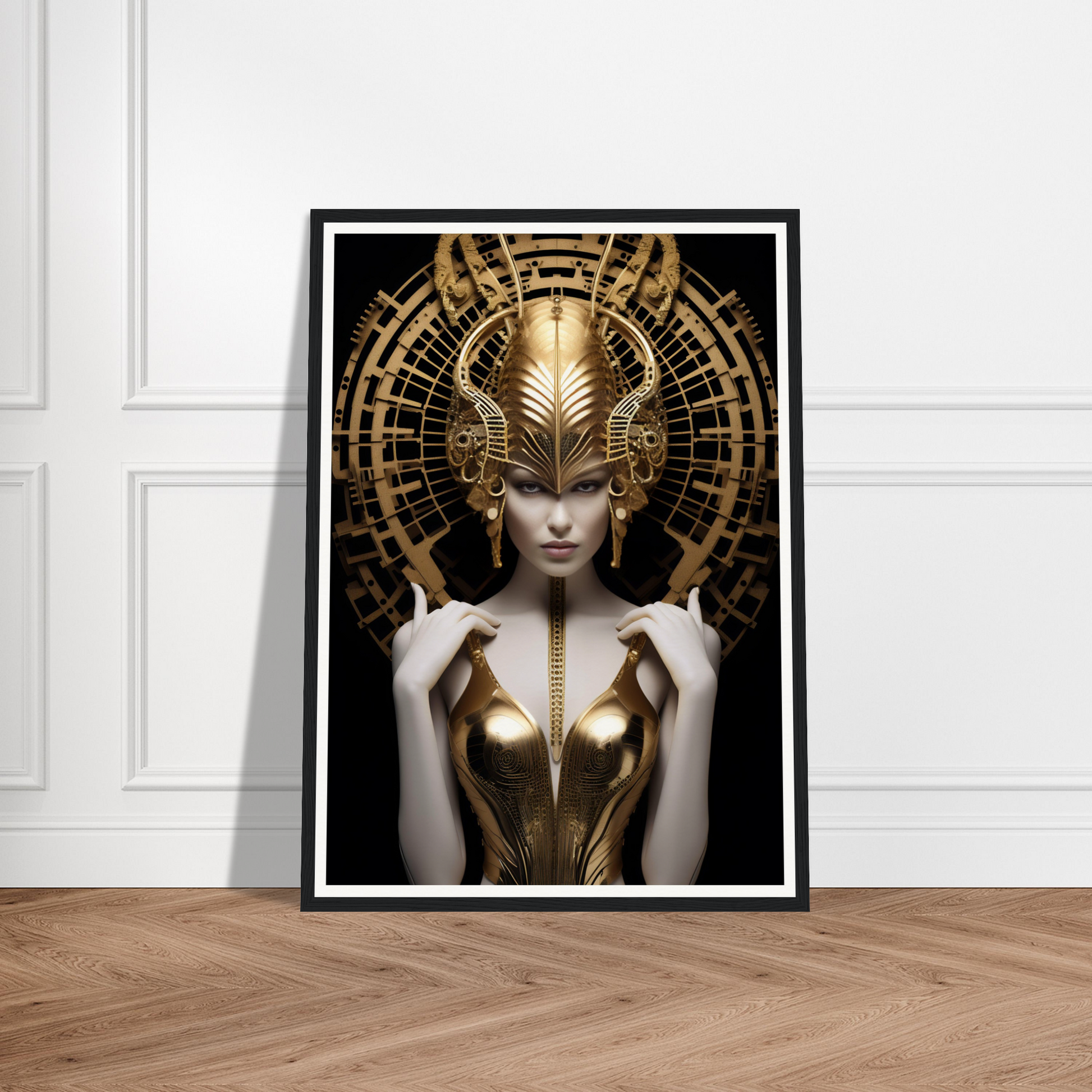 Framed artwork depicting a figure in an ornate golden headdress and metallic bodice against a dark background.