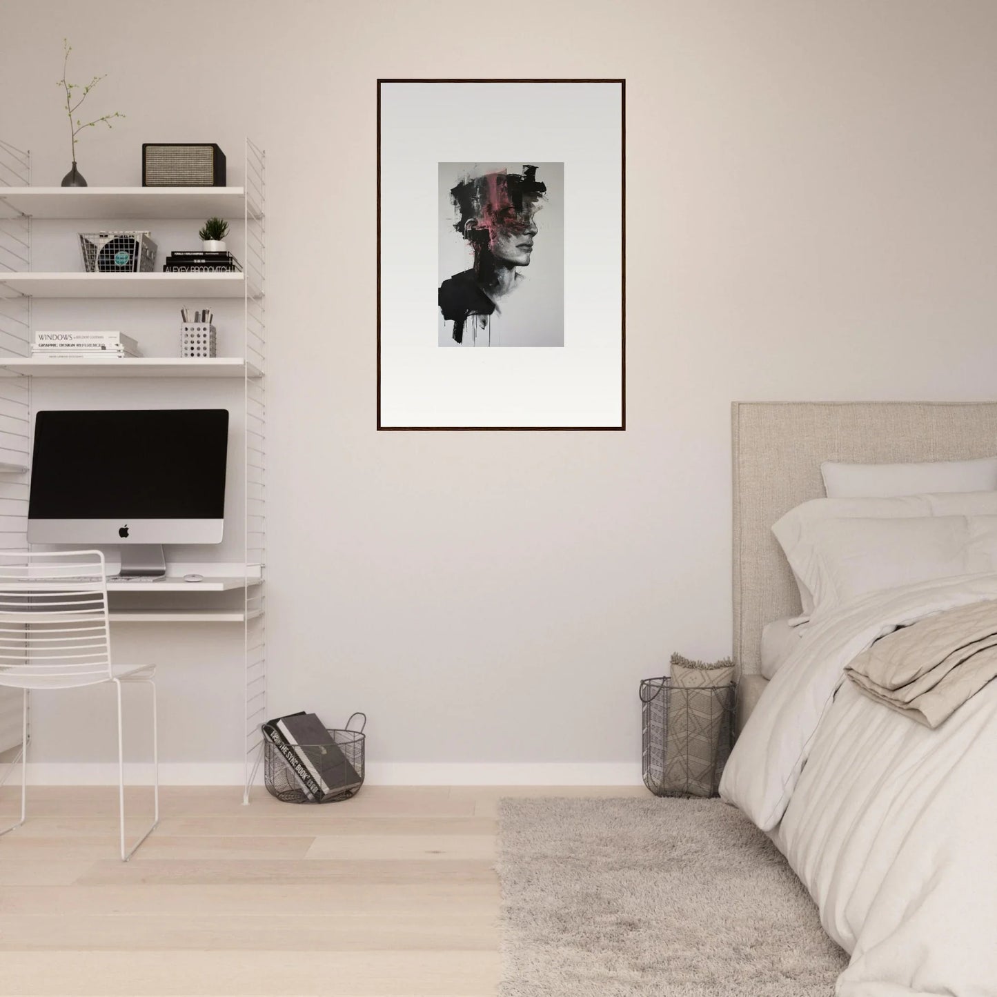 Minimalist bedroom featuring Fragmented Psyche Canvas, iMac, and floating white shelves