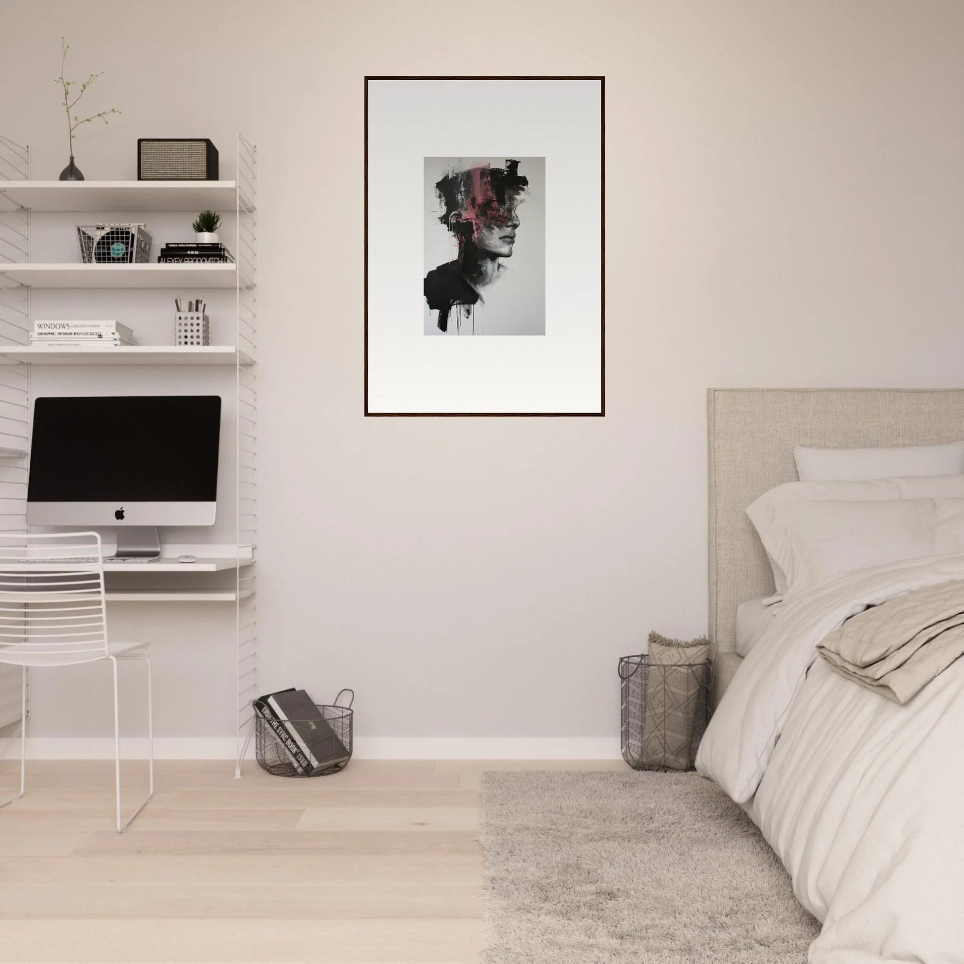 Minimalist bedroom featuring Fragmented Psyche Canvas, iMac, and floating white shelves
